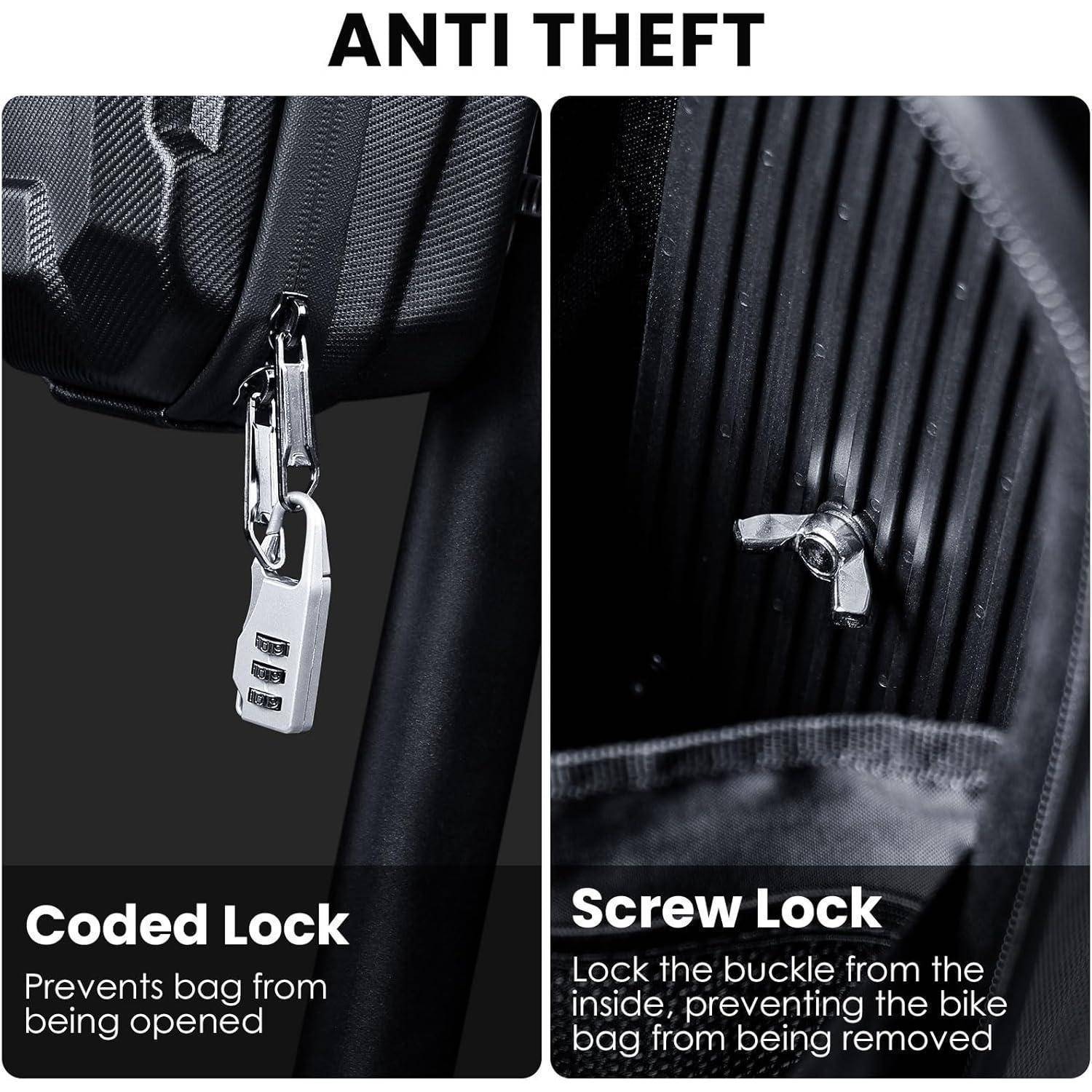 Fahrradtasche mit 'Diebstahlschutz' mit einem Zahlenschloss zum Verhindern des Öffnens und einem Schraubenschloss zum Verhindern des Entfernens vom Fahrrad, wodurch die Sicherheit gewährleistet wird.