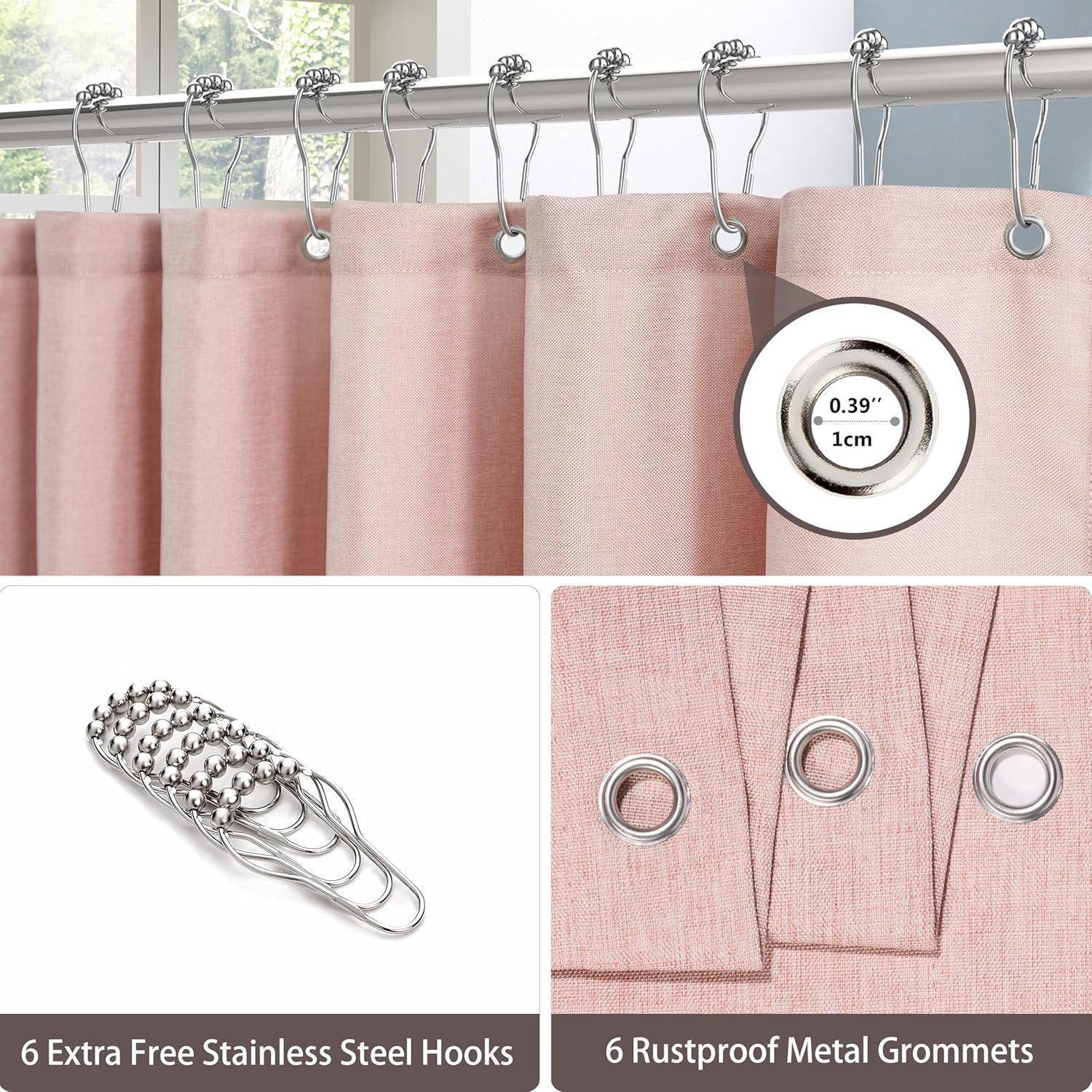 Rosa Vorhänge mit Metalltüllen und Edelstahlhaken, mit einer Detailangabe der Tüllengröße, '0,39