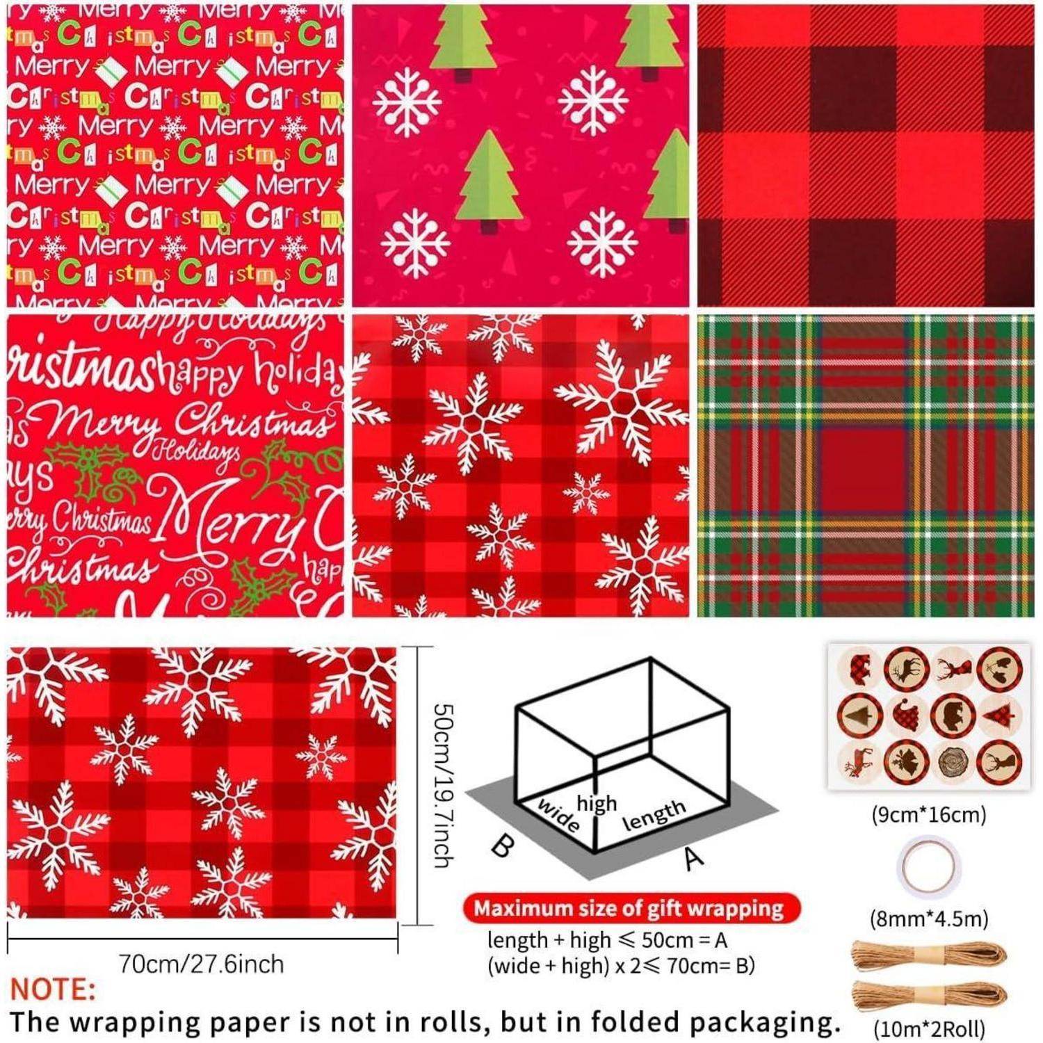 Verschiedene rote Weihnachts-Geschenkverpackungsmuster, einschließlich Schneeflocken, Karos und Text. Enthält Maße und Verpackungsinformationen.