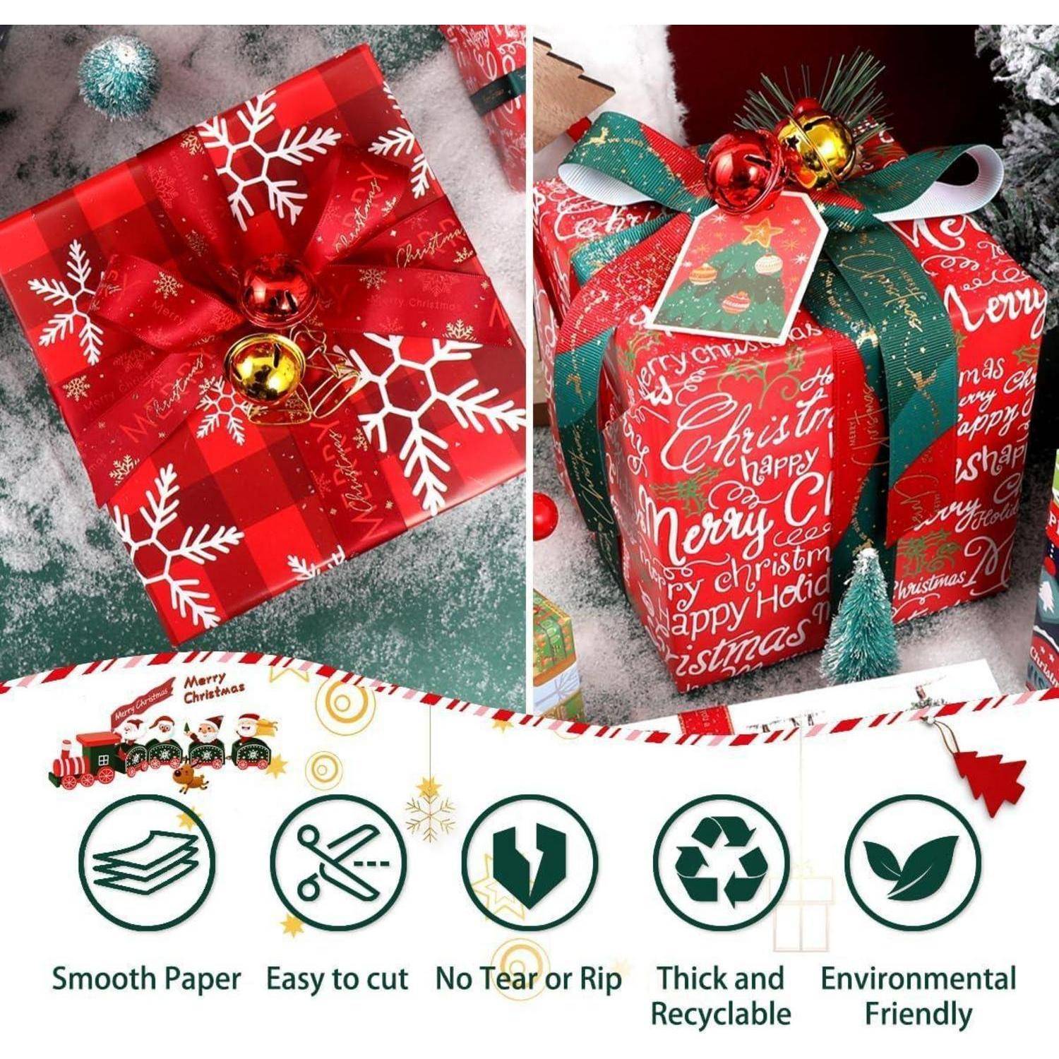 Geschenkpapier mit festlichem Feiertagsdesign, einschließlich rotem Karomuster und weihnachtlichem Text. Merkmale: glattes Papier, einfaches Schneiden, nicht einreißbar, recycelbar, umweltfreundlich.