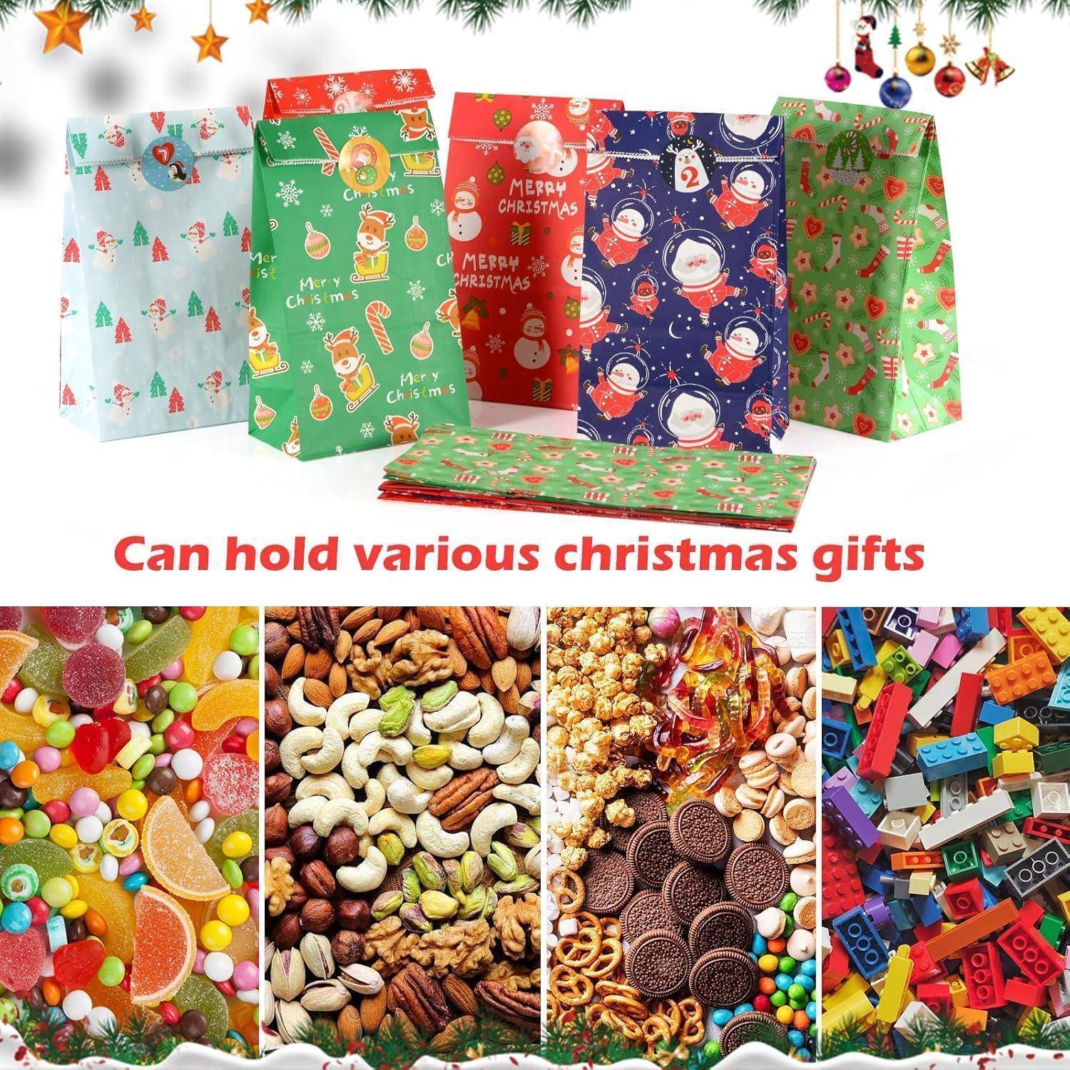 Geschenktüten mit festlichen Weihnachtsdesigns, darunter Motive von Santa Claus und Schneemännern, neben Bildern von verschiedenen Süßigkeiten, Nüssen, Plätzchen und Spielzeugen.