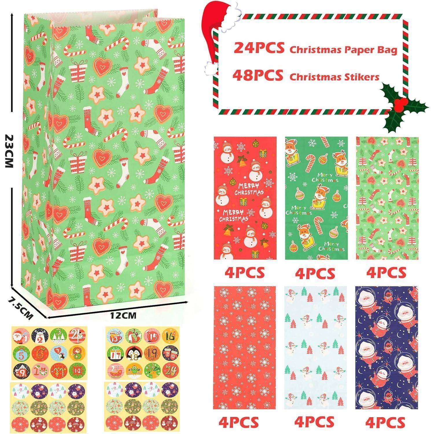 24 Stück Weihnachts-Papiertüten, 48 Stück Weihnachtssticker.' Bild zeigt eine grüne Geschenktüte mit verschiedenen weihnachtlichen Papierdesigns und Stickern. Tütengröße: 23 x 12 x 7,5 cm.