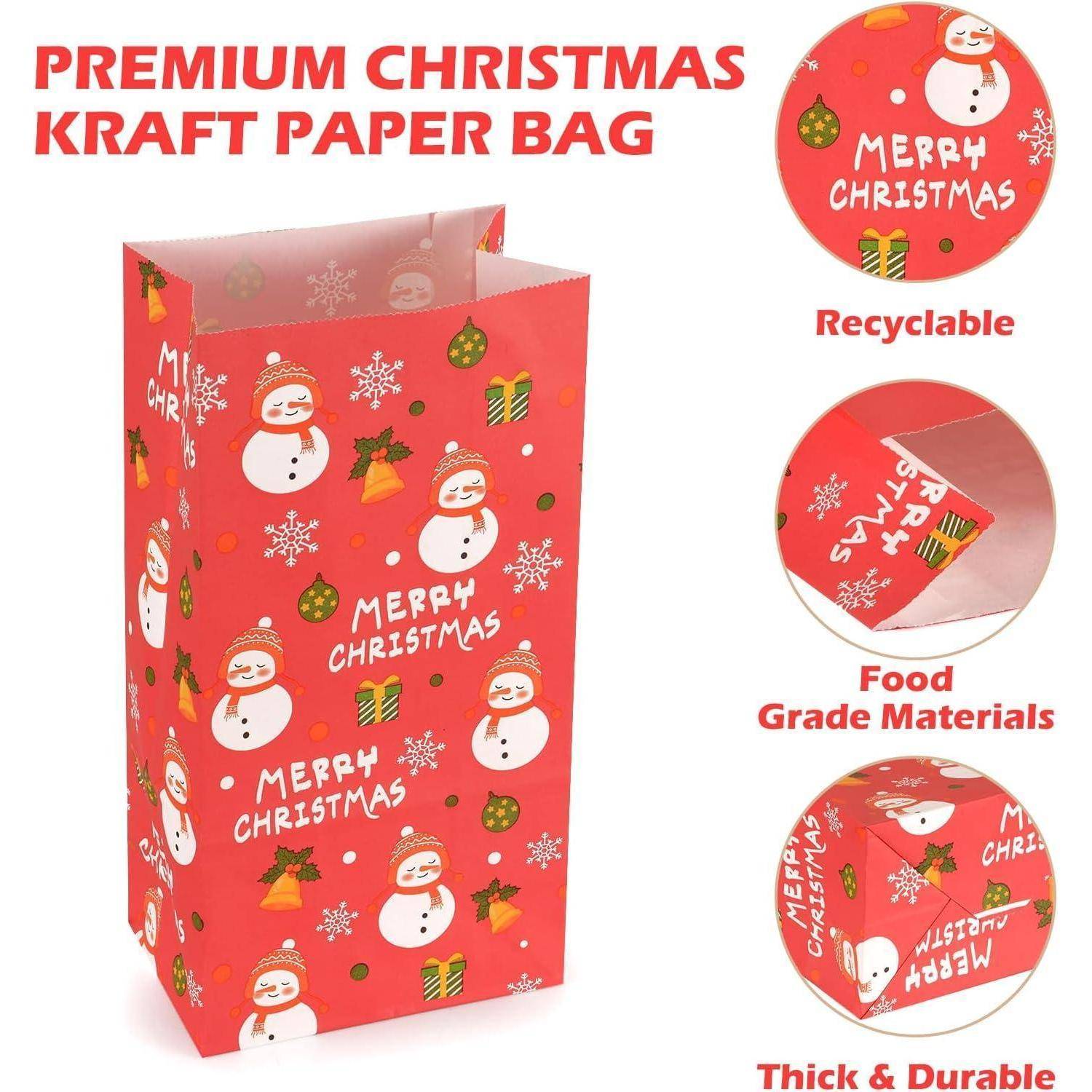 Weihnachtliche Premium-Kraftpapiertüte mit Schneemann- und Zuckerstangenmotiv. Eigenschaften umfassen Recycelbarkeit, lebensmittelechte Materialien, starke und robuste Beschaffenheit.