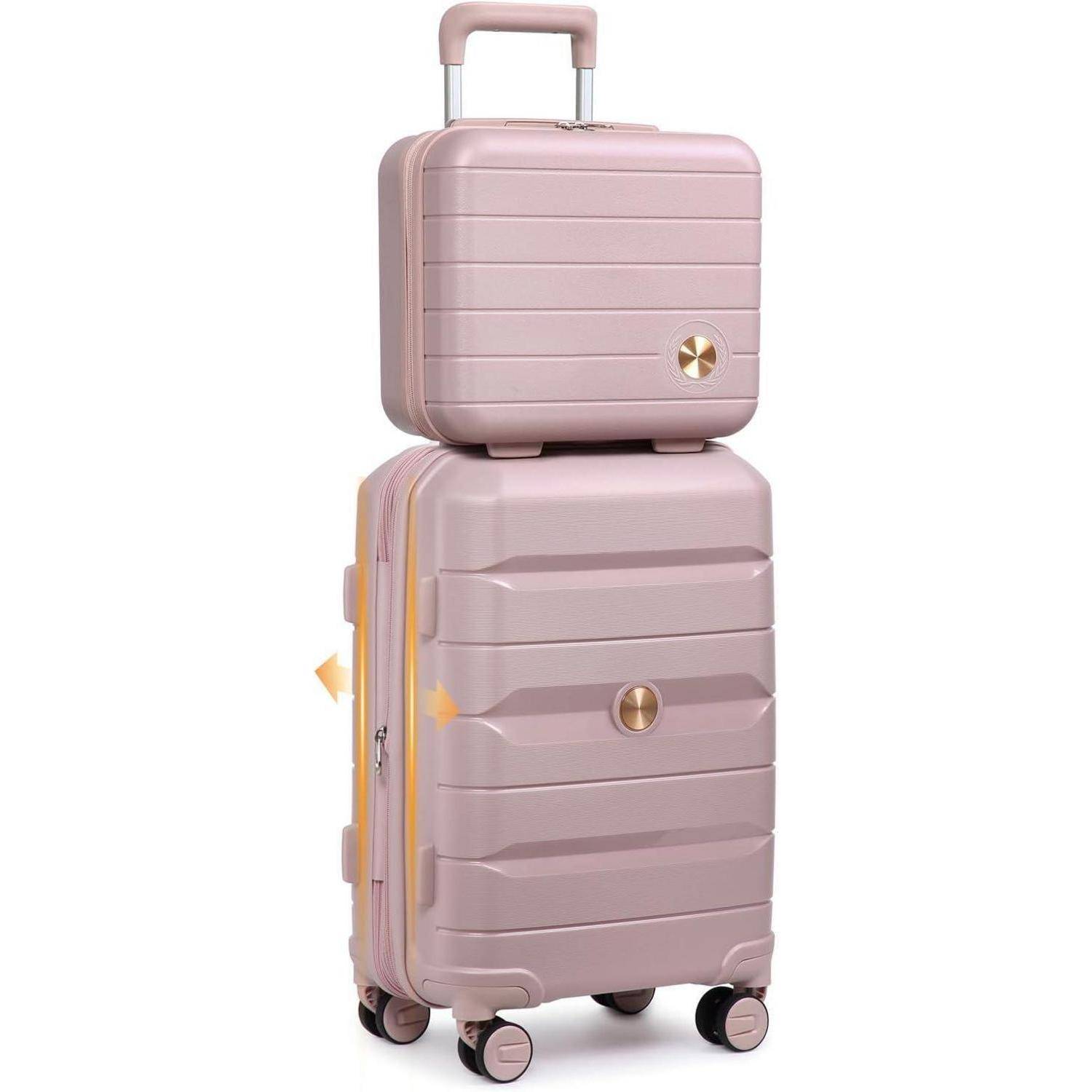Rosa Hartschalenkoffer mit einer kleineren, passenden Tasche oben drauf, beide mit vier Rollen und ausziehbaren Griffen.