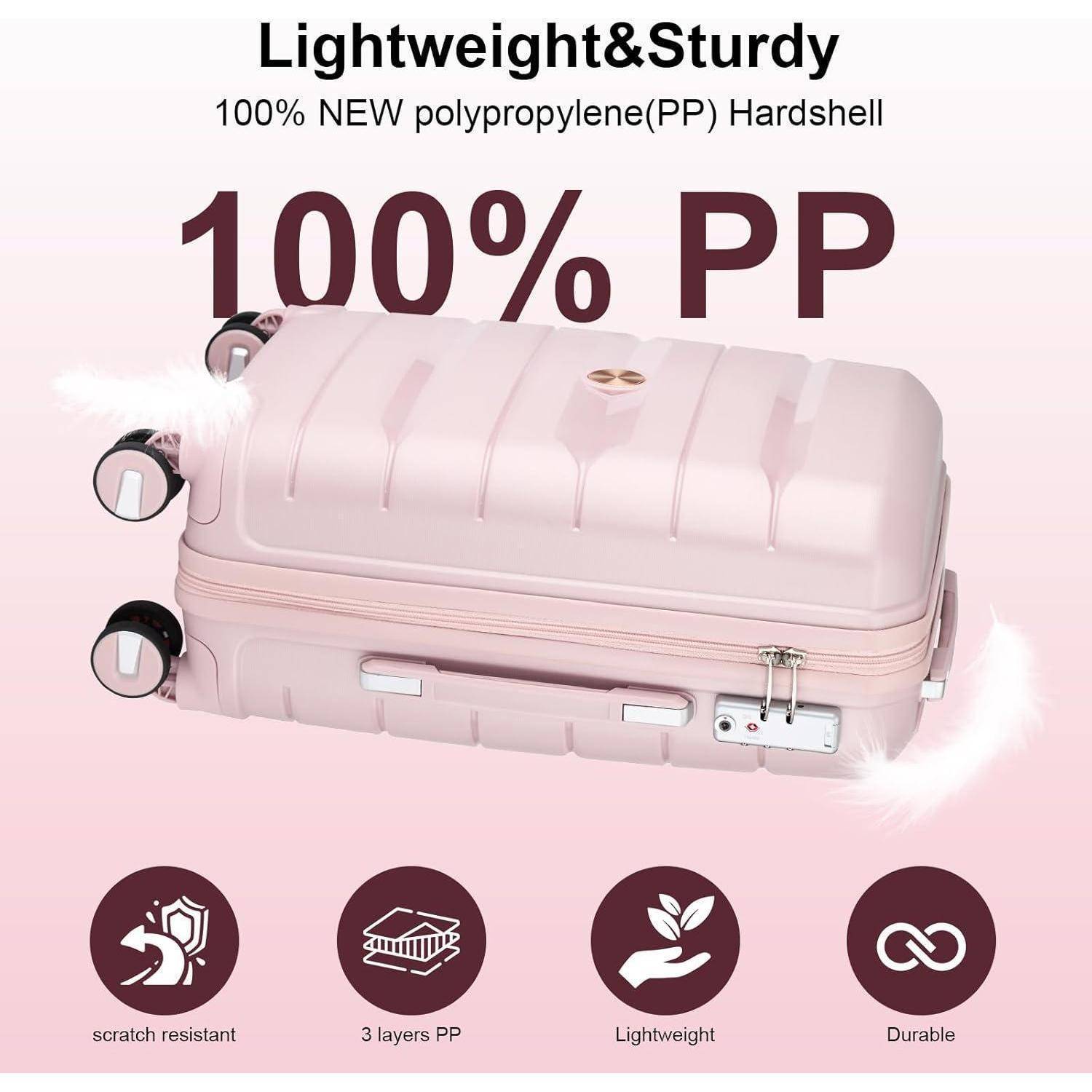 Koffer flach liegend, gekennzeichnet als leicht und robust mit 100% neuem Polypropylen-Hartschalengehäuse. Symbole zeigen an, dass er kratzfest ist, 3 Schichten PP besitzt, leicht ist und langlebig.