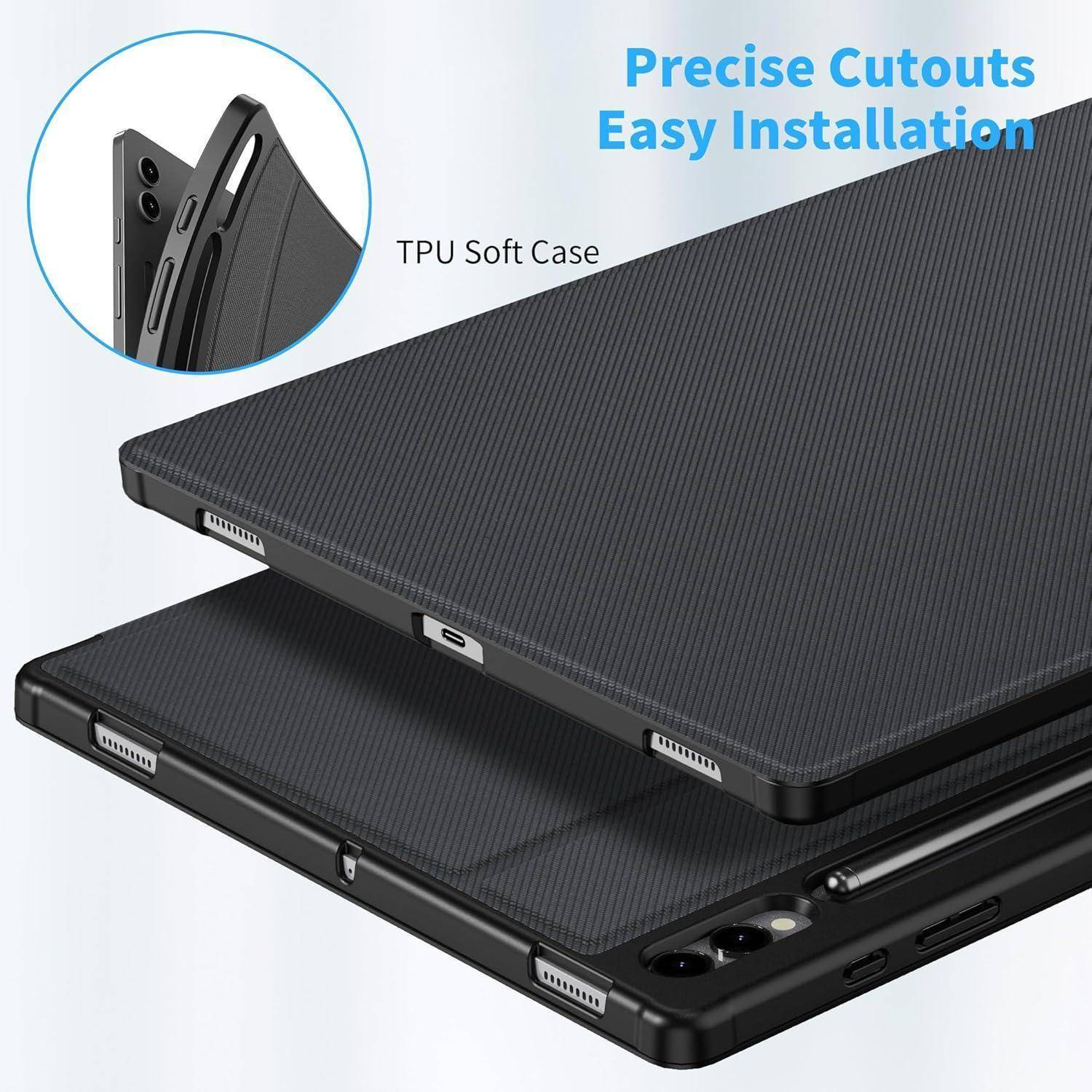 Schwarze Tablet-Hülle mit präzisen Ausschnitten für einfache Installation, ausgestattet mit weichen TPU-Kanten zum Schutz.