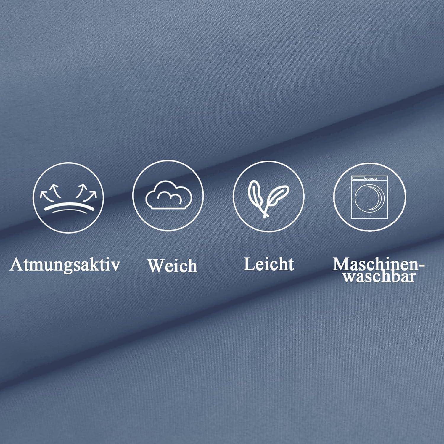 Blauer Stoffhintergrund mit vier Symbolen und Text: 'Atmungsaktiv', 'Weich', 'Leicht', 'Maschinenwaschbar