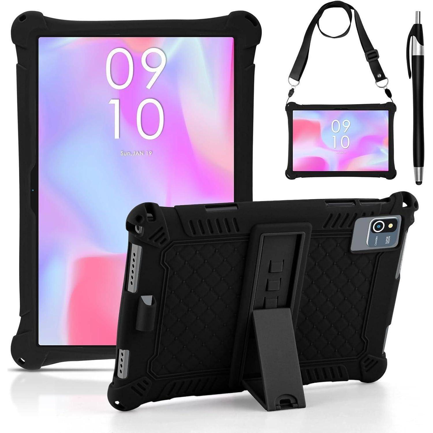 Ein Tablet mit einem robusten schwarzen Gehäuse verfügt über einen leuchtenden Bildschirm, der '09:10 SO JAN 7' anzeigt. Inklusive abnehmbarem Riemen, Stylus und Ständer.
