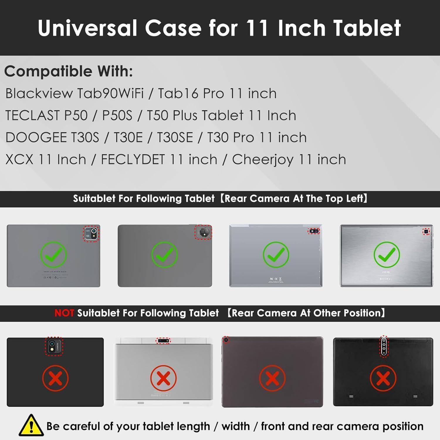 Universal Etui für 11-Zoll-Tablet. Kompatibel mit bestimmten Tablets; zeigt Beispiele für geeignete und ungeeignete Kamerapositionen. 'Achten Sie auf die Breite Ihres Tablets und die Position der Vorder- und Rückkamera.