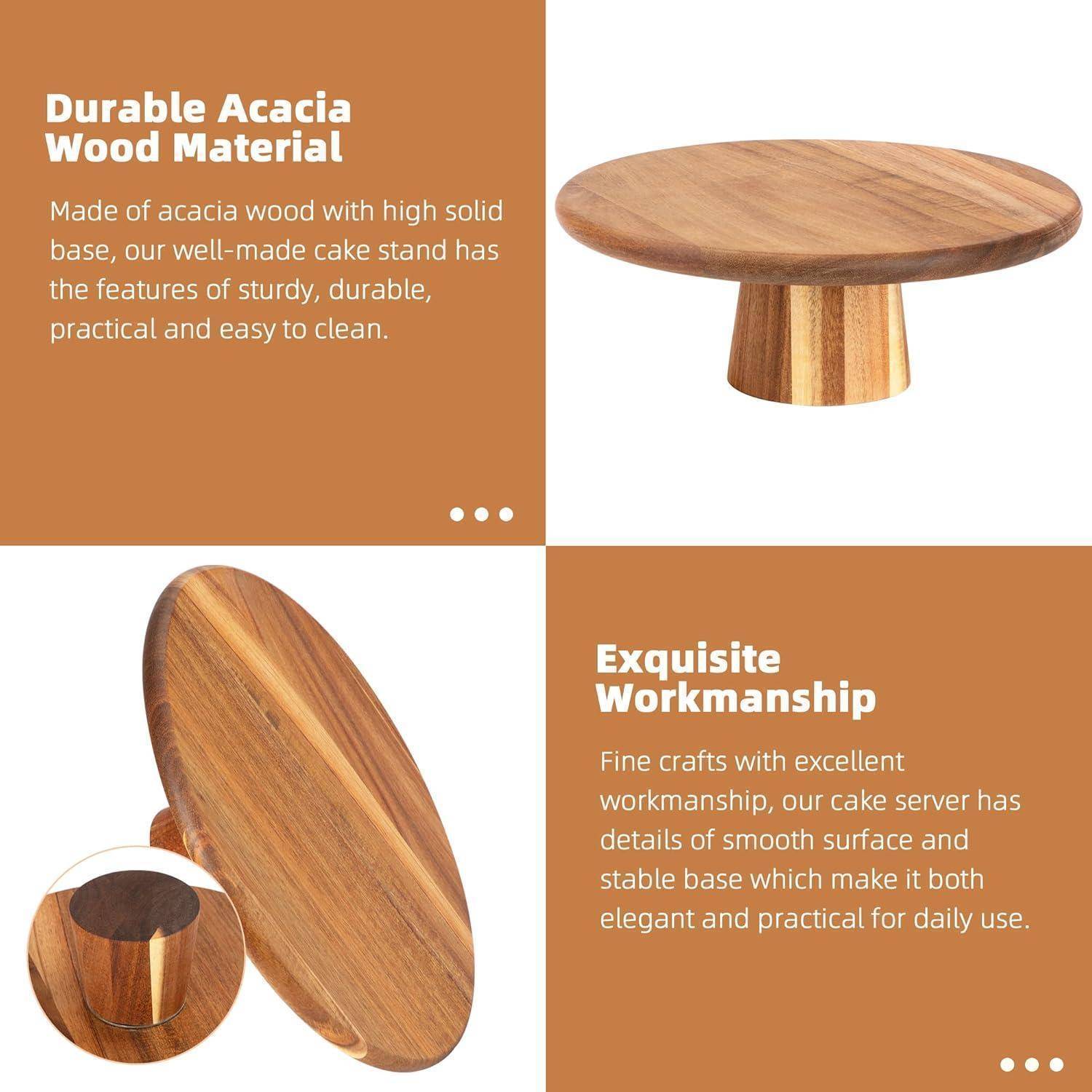 "Strapazierfähiges Akazienholzmaterial" und ""Exquisite Handwerkskunst"" heben die Stabilität, Haltbarkeit und glatte Oberfläche der Kuchenplatte hervor.