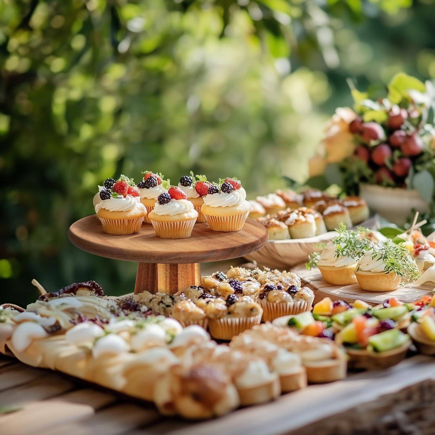 Ein Gartentisch im Freien, gefüllt mit verschiedenen Cupcakes und Gebäckstücken, garniert mit Beeren und Kräutern, in einer sonnendurchfluteten Gartenkulisse.