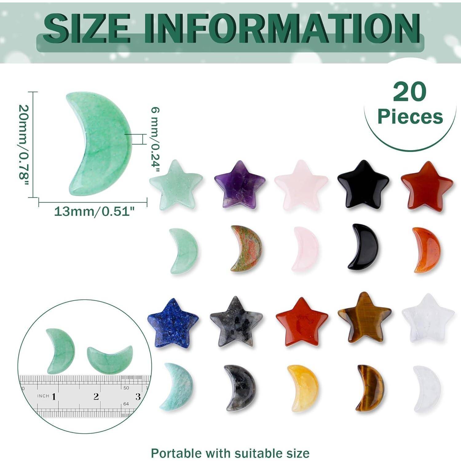 Größeninformationen: Bild zeigt 20 kleine Halbmond- und Sternformen in verschiedenen Farben. Jedes Stück misst 13 mm x 20 mm.