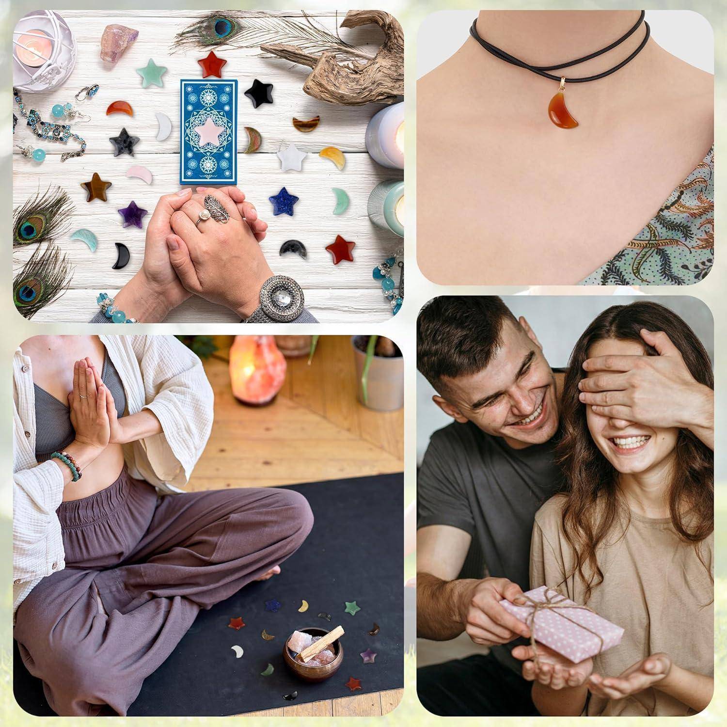 Das Bild ist eine Collage: eine Tarot-Kartenlegung, eine Person mit einer Halskette, jemand, der meditiert, und ein Paar mit einem Geschenk.