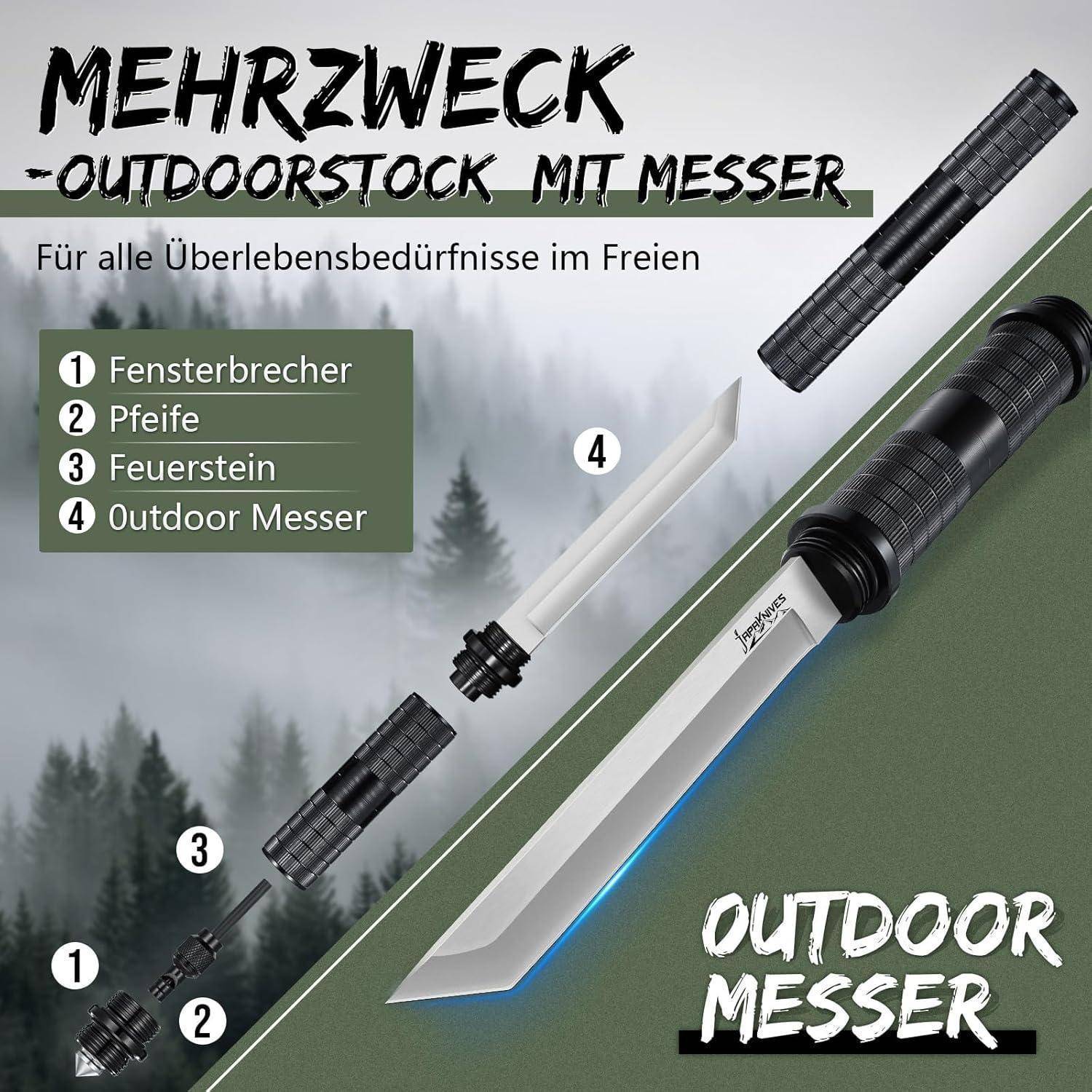 Mehrzweck-Outdoorstock mit integriertem Messer verfügt über ein Multitool für Outdoor-Überlebensausrüstung: Fensterklopfer, Signalpfeife, Feuerzeug und Messer.