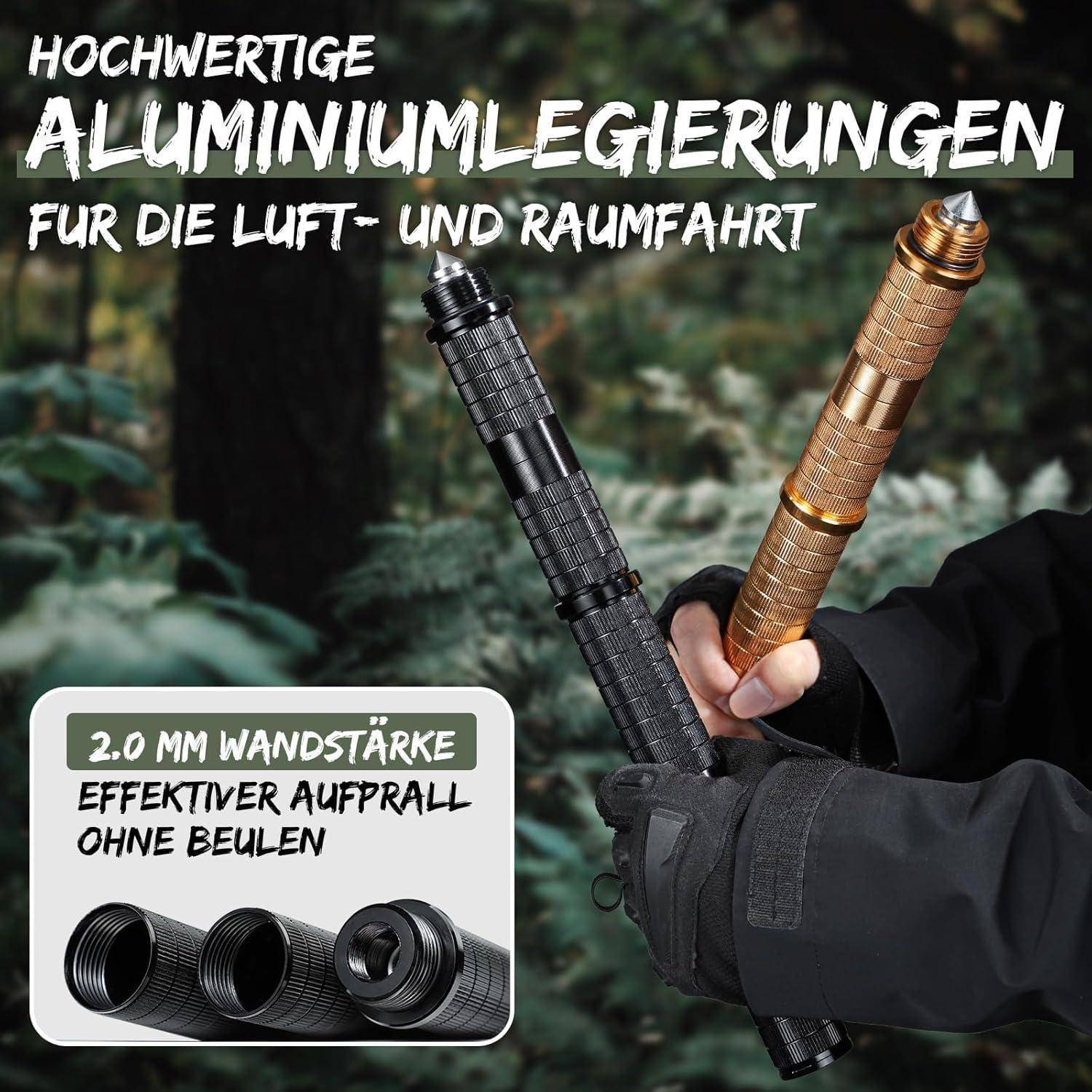 Eine Person, die zwei strukturierte Metallzylinder hält, einen schwarzen und einen bronzefarbenen, mit dem Text 