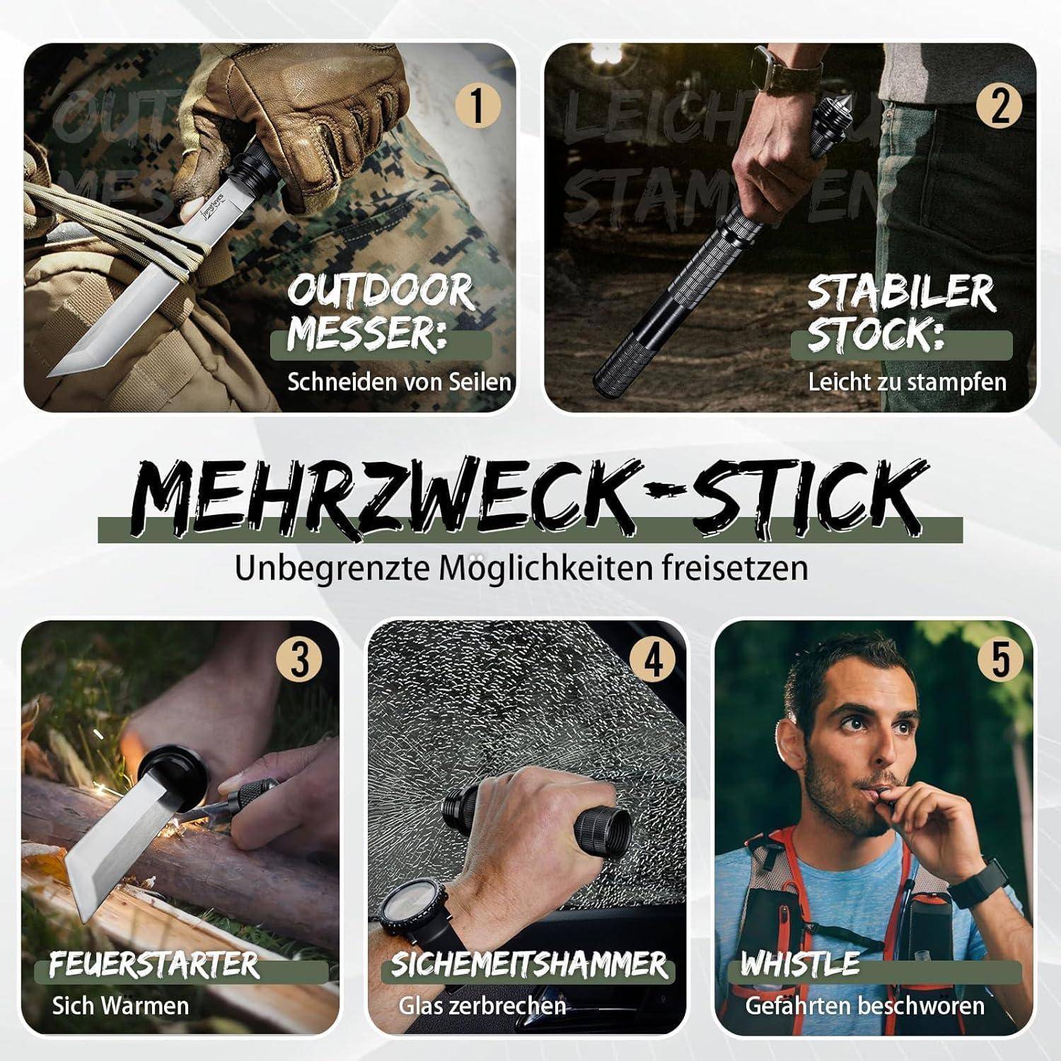 Kollage von Bildern, die einen Mehrzweck-Stock zeigt, der als Messer, stabiler Stock, Feuerzeug, Hammer und Pfeife verwendet wird