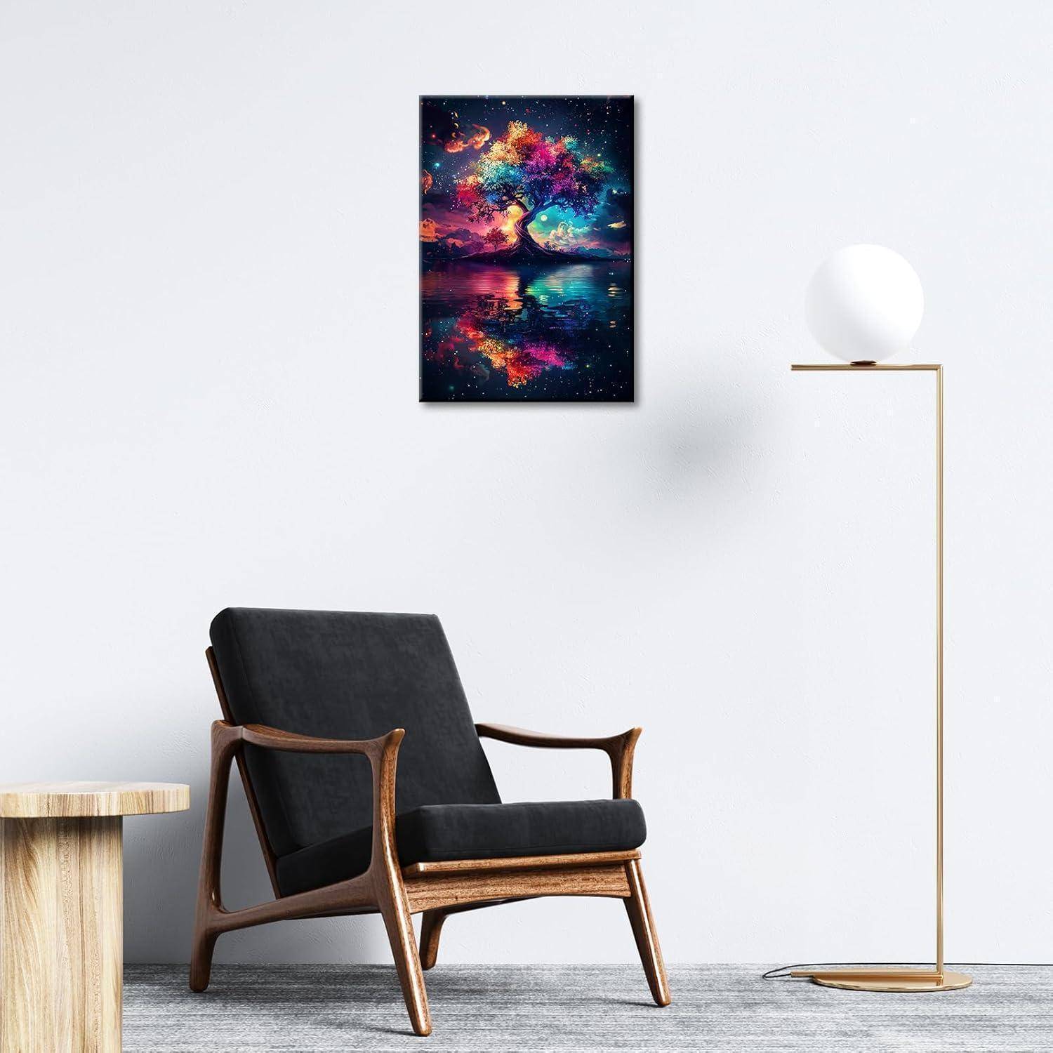 Ein minimalistisches Zimmer mit einem schwarzen Stuhl, einem Holztisch und einer modernen Lampe. Ein buntes abstraktes Baumgemälde hängt an der weißen Wand.