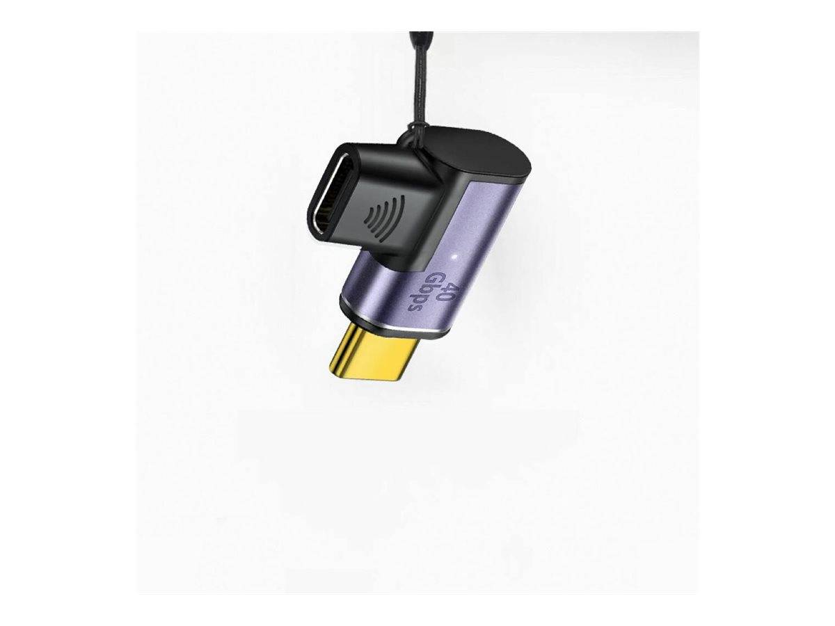 Ein USB-C-Adapter mit metallischer Oberfläche und einer 40-Gbit/s-Kennzeichnung, mit einem Winkelanschluss für optimierte Kabelführung.