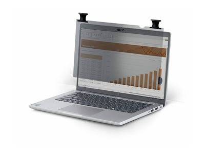 Ein Laptop mit einem Sichtschutzfilter, teilweise über den Bildschirm geschoben, der ein Balkendiagramm mit aufwärts gerichteten Daten zeigt.