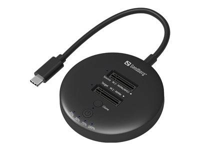 Ein schwarzer, kreisförmiger USB-C-Diskduplizierer mit Quell- und Zielkartensteckplätzen und einer LED-Anzeige für den Kopierfortschritt.