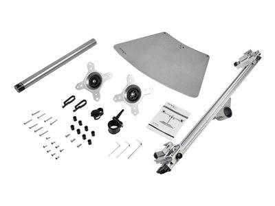 Ein Flachpack-Montageset enthält Metallstangen, Halterungen, Schrauben und zwei schwenkbare Halterungen mit Anleitungen, was auf einen Fernseher-Wandhalterungsaufbau hindeutet.