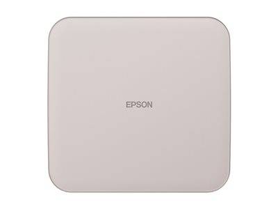 Quadratiges weißes Gerät mit abgerundeten Kanten, auf dessen Vorderseite mittig der Markenname 'Epson' angebracht ist.