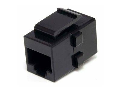 Ein schwarzer Ethernet-Keystone-Anschluss mit einem Clip oben, der zum Anschließen von Netzwerkkabeln an eine Wanddose oder Patchpanel verwendet wird.