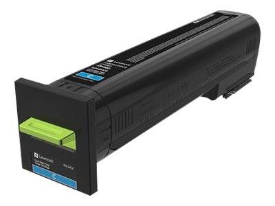 Lexmark-Druckertonerkassette in Schwarz und Cyan, von der Seite betrachtet, mit Markenetikett und Teilenummer.