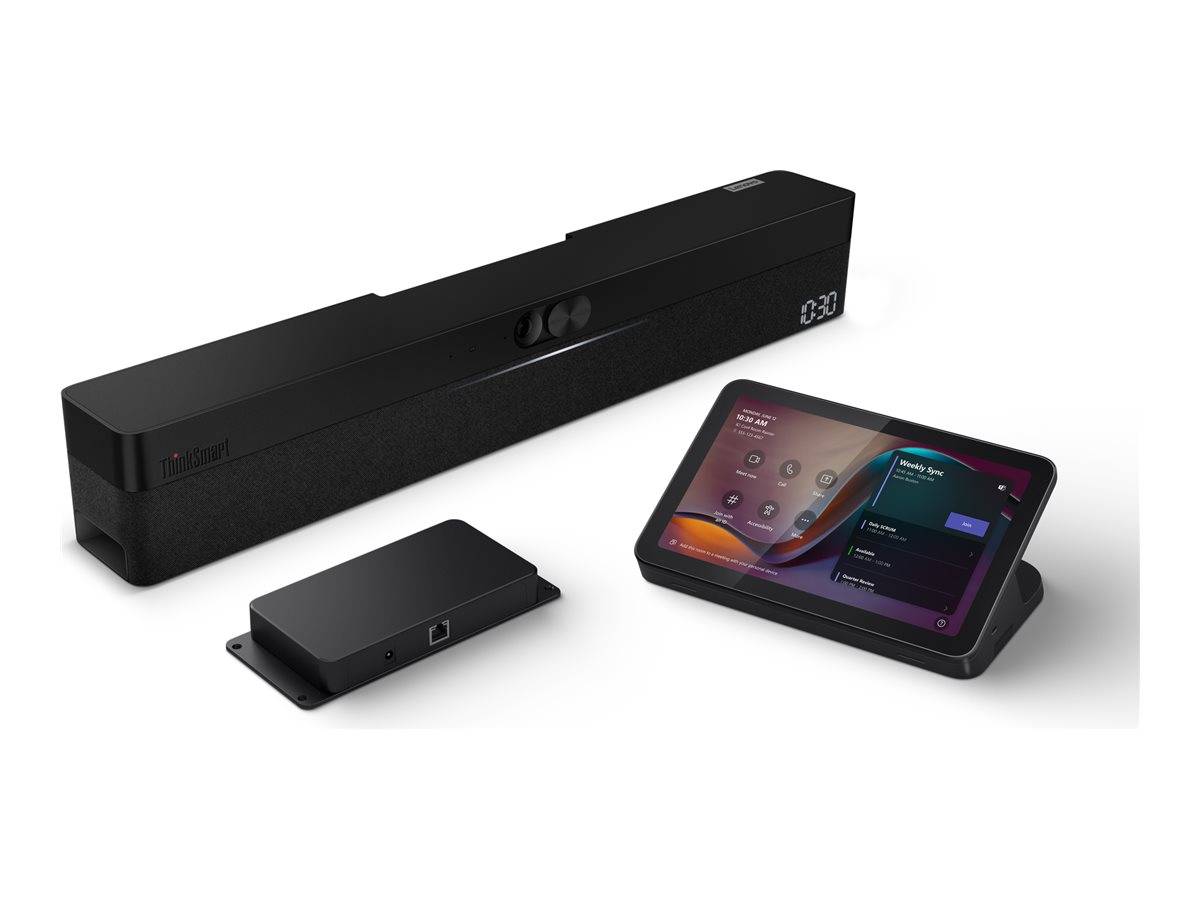 Eine elegante, schwarze Soundbar mit einem kleinen Display steht neben einem Tablet, das eine Benutzeroberfläche für Videokonferenzen zeigt und damit Konnektivität signalisiert.