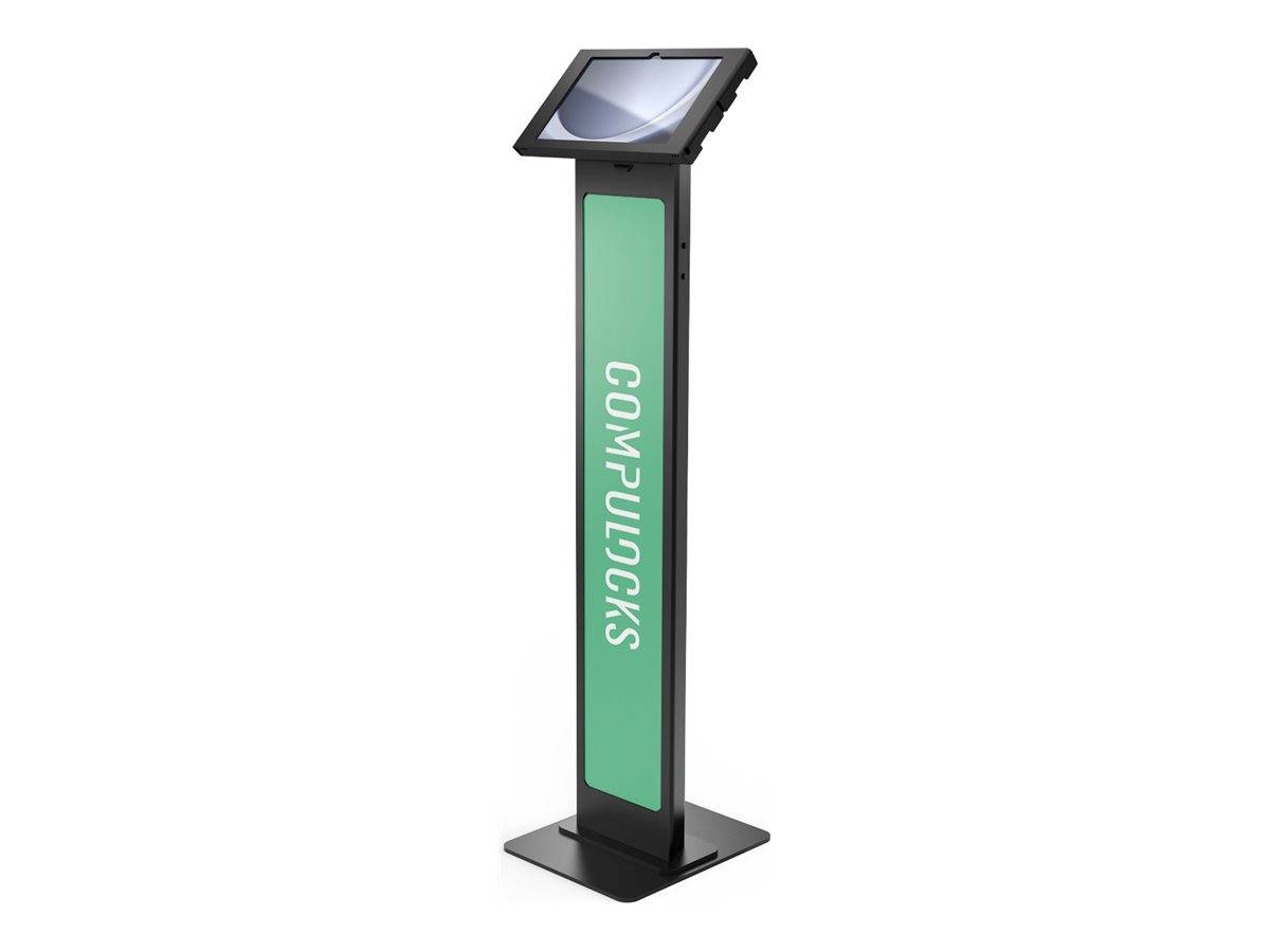 Hoher schwarzer digitaler Kiosk mit geneigtem Bildschirm und grünem Frontpanel mit der Bezeichnung „COMPUCICS