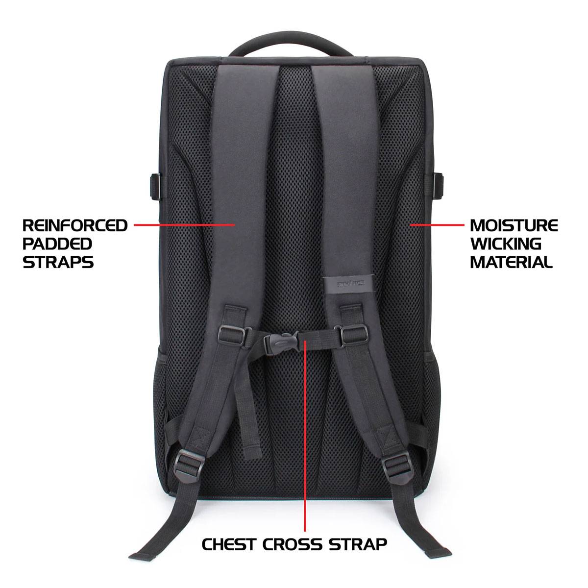 Ein schwarzer Rucksack, vertikal präsentiert, wobei die Rückseite sichtbar ist. Beschriftete Merkmale umfassen gepolsterte Träger, feuchtigkeitsableitende Materialien und einen Brustkreuzgurt.