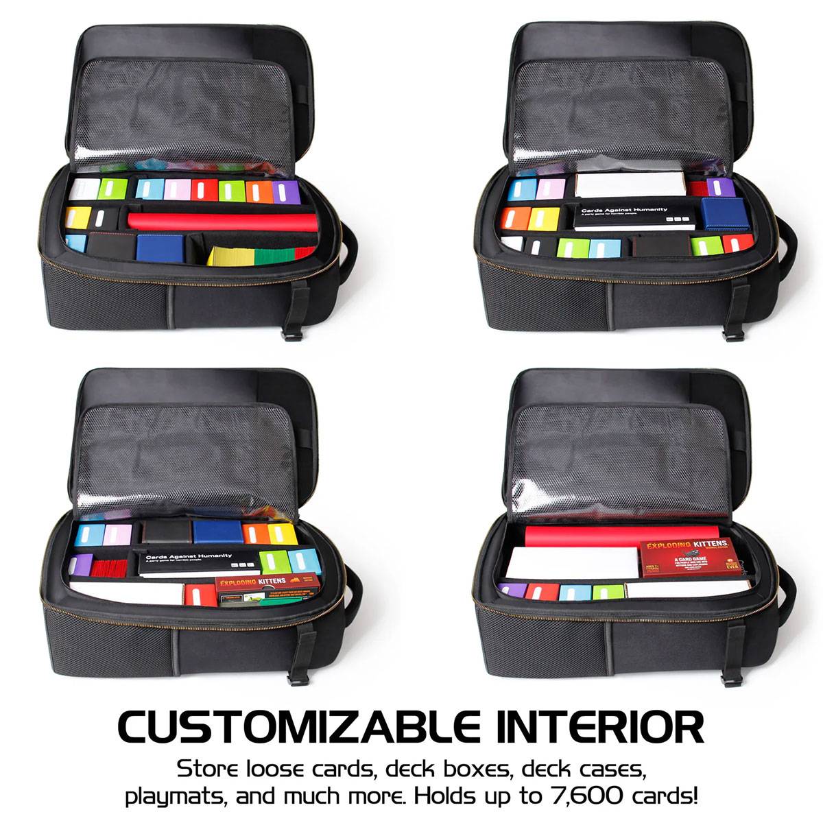 Anpassbares Kartenspeicheretui mit verstellbaren Fächern für verschiedene Karten und Zubehör. Fasst bis zu 7.600 Karten.