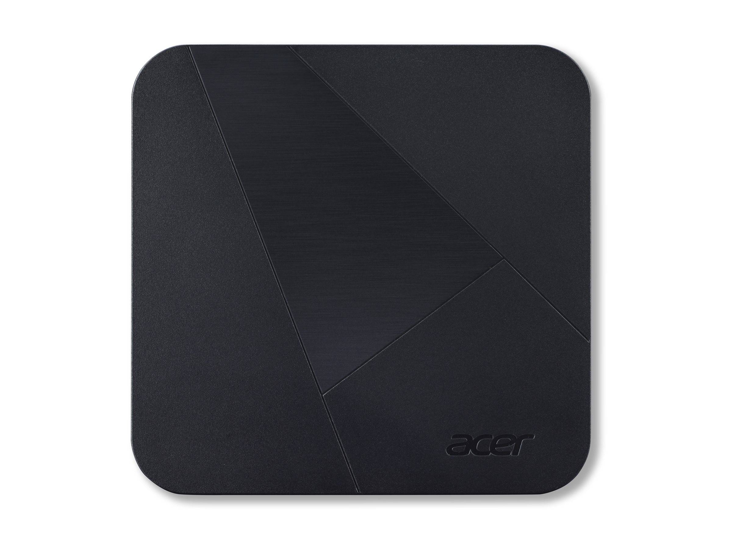 Eine elegante schwarze Hülle mit geprägten geometrischen Mustern und dem 'acer' Logo in der unteren rechten Ecke auf einer flachen schwarzen Oberfläche.