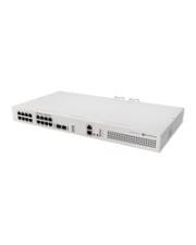 Weißer Netzwerk-Switch/Router mit mehreren Ethernet-Anschlüssen an der Vorderseite, isoliert auf weißem Hintergrund dargestellt.