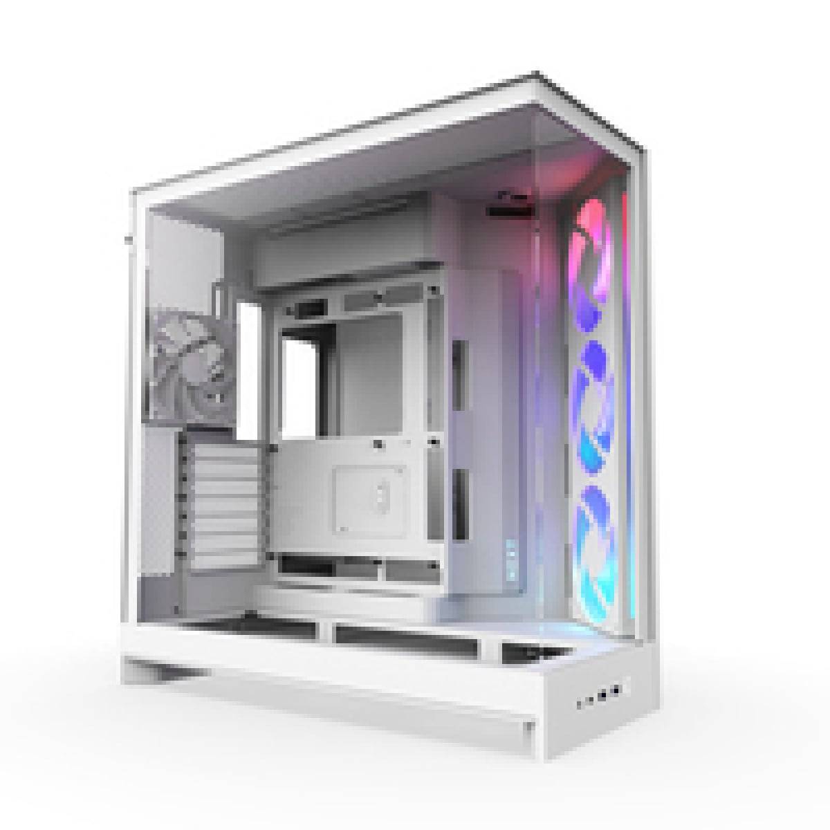 Weißes Computergehäuse mit transparenter Seitenwand, das interne Fächerungen und drei RGB-Lüfter an der Vorderseite zeigt.