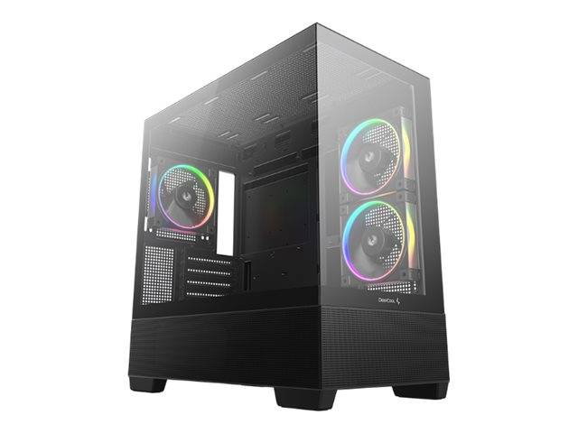 Ein schwarzes Computergehäuse mit einer transparenten Seitenscheibe, an der drei RGB-LED-Lüfter sichtbar sind und dabei moderne Design- und Belüftungsmerkmale hervorhebt.