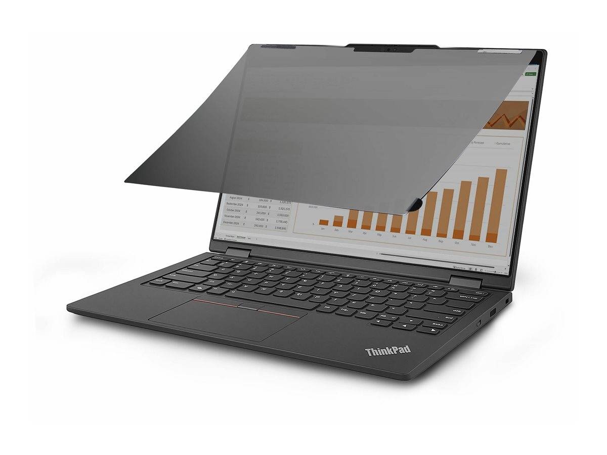 Laptop mit einer großen grauen Datenschutzschutzfolie, die die Anzeige teilweise blockiert und Charts sowie eine Tabellenkalkulation zeigt.