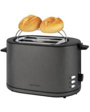 Ein schwarzer Toaster mit einem Wärmefach, das zwei braune, runde Brötchen oben hält. Drei Knöpfe an der Seite für verschiedene Einstellungen.