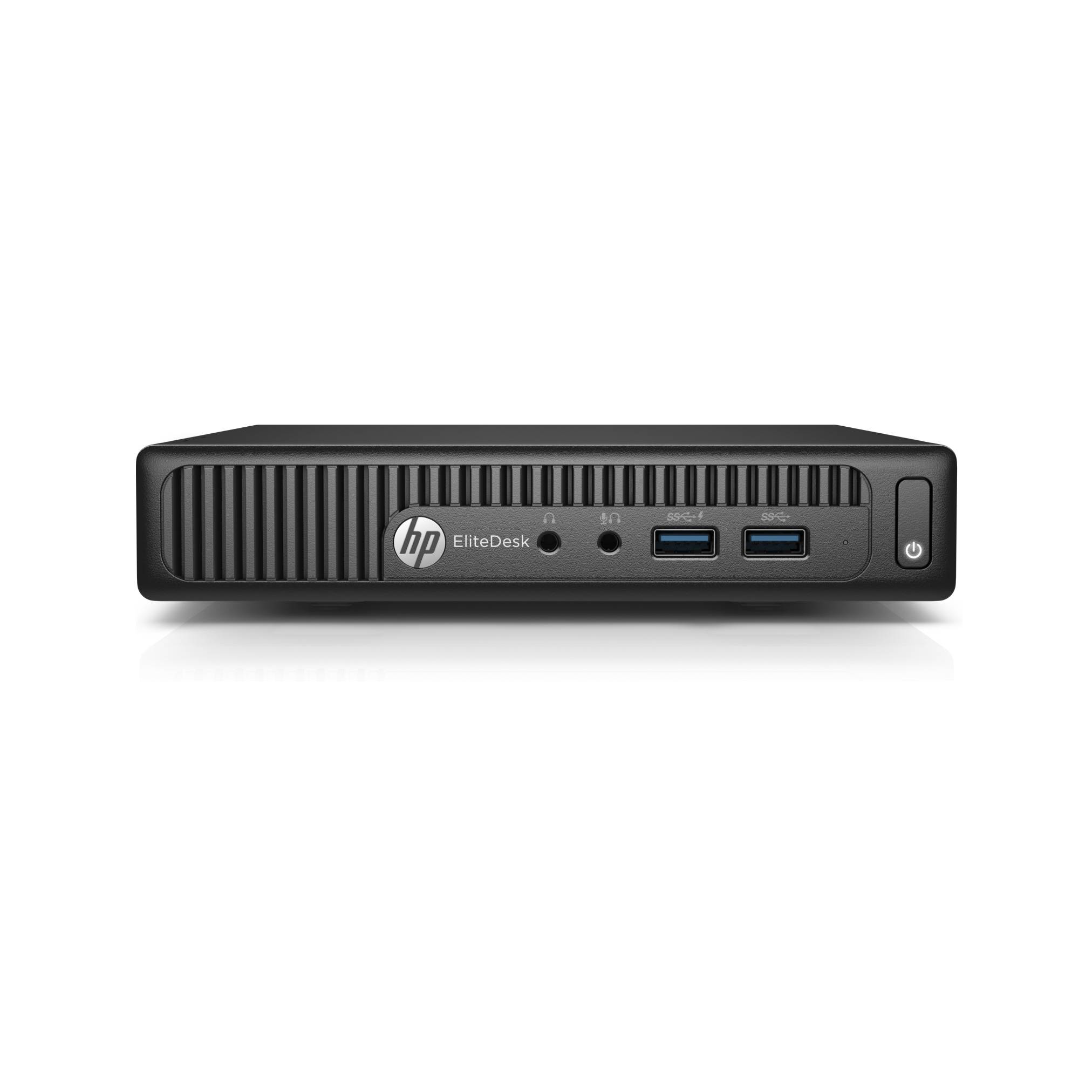 Ein schwarzer HP EliteDesk Mini-Desktop mit einer Frontplatte, die USB-Anschlüsse, einen Kopfhöreranschluss und einen Einschaltknopf zeigt.