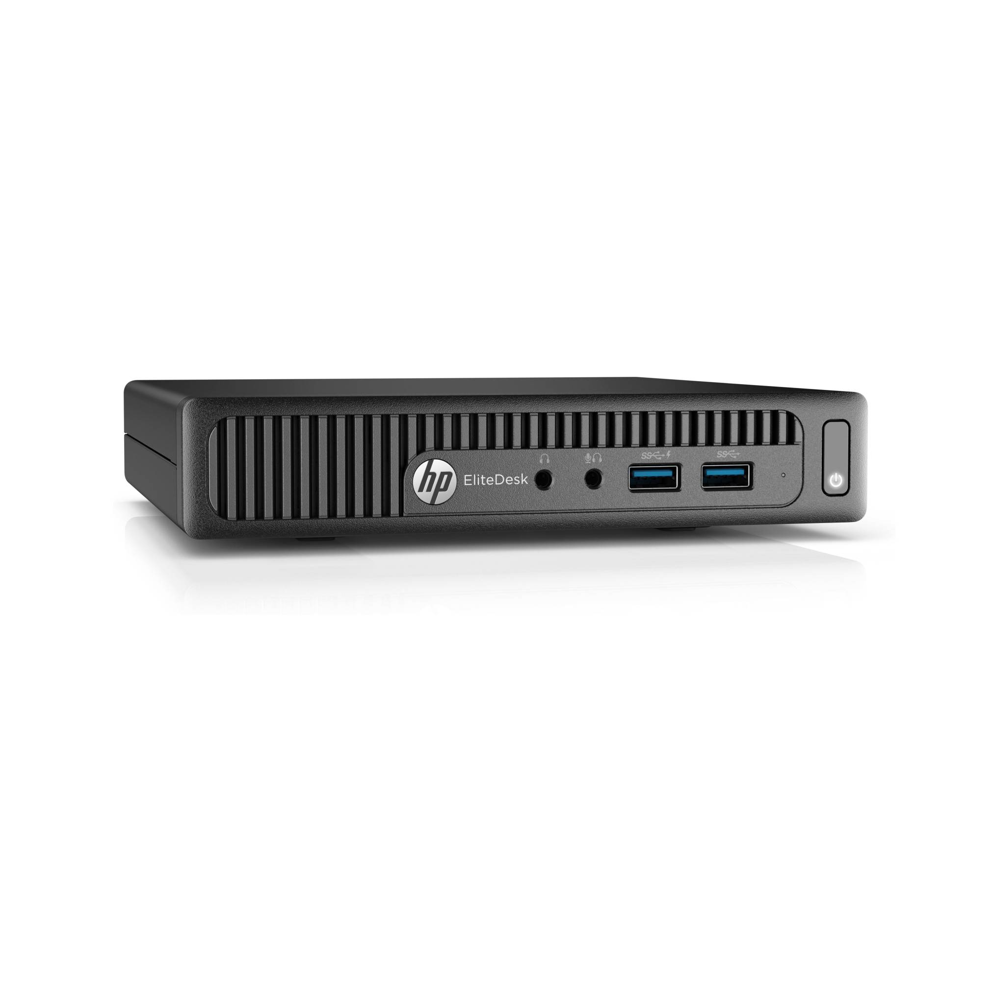 Ein schwarzer HP EliteDesk Mini-Desktop-Computer mit USB-Anschlüssen und Einschalttaste auf der Frontseite, entwickelt für kompakte und effiziente Arbeitsplatznutzung.
