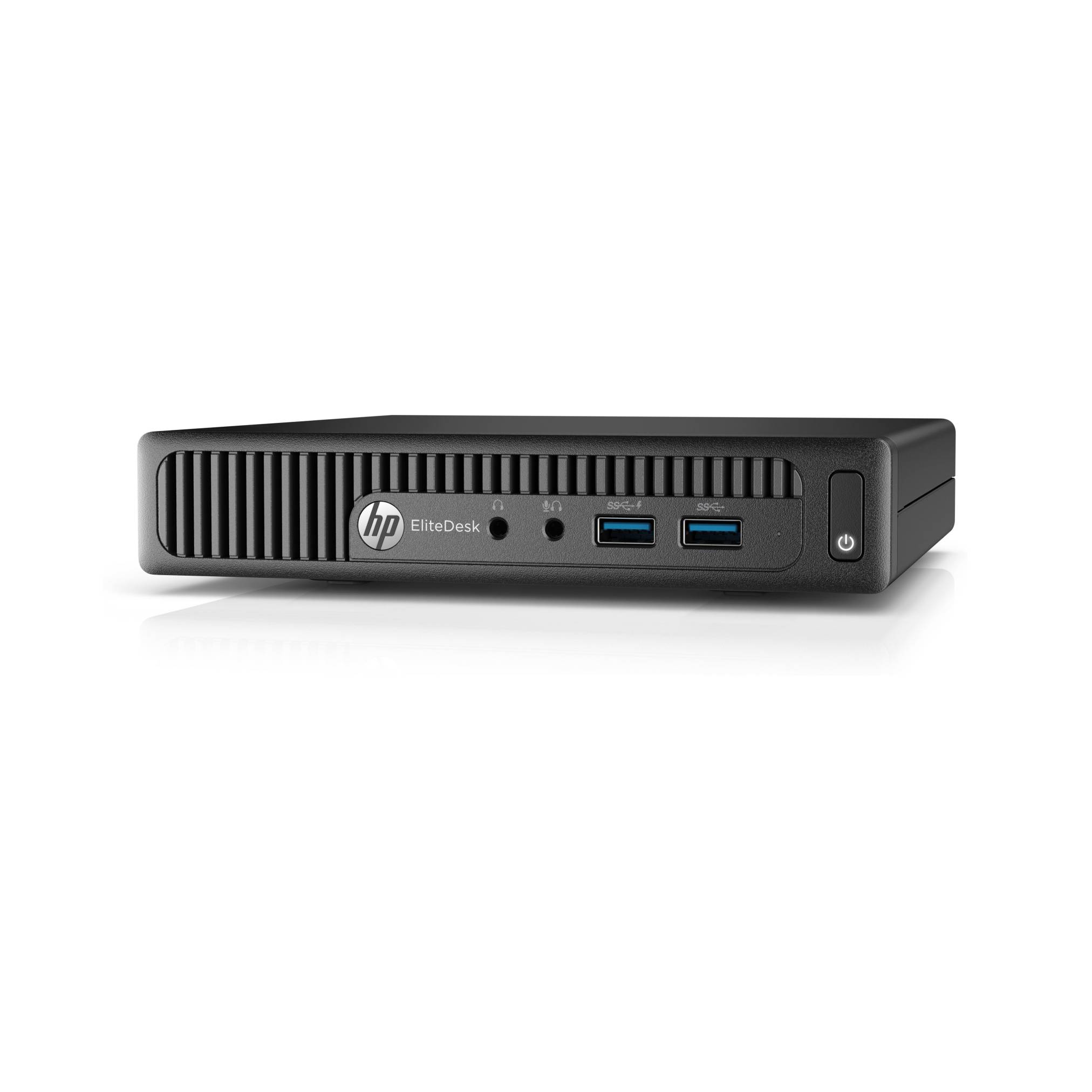 Ein kompakter schwarzer HP EliteDesk Mini-PC mit Einschaltknopf und USB-Anschlüssen an der Frontseite, entwickelt für effiziente Arbeitsplatznutzung.