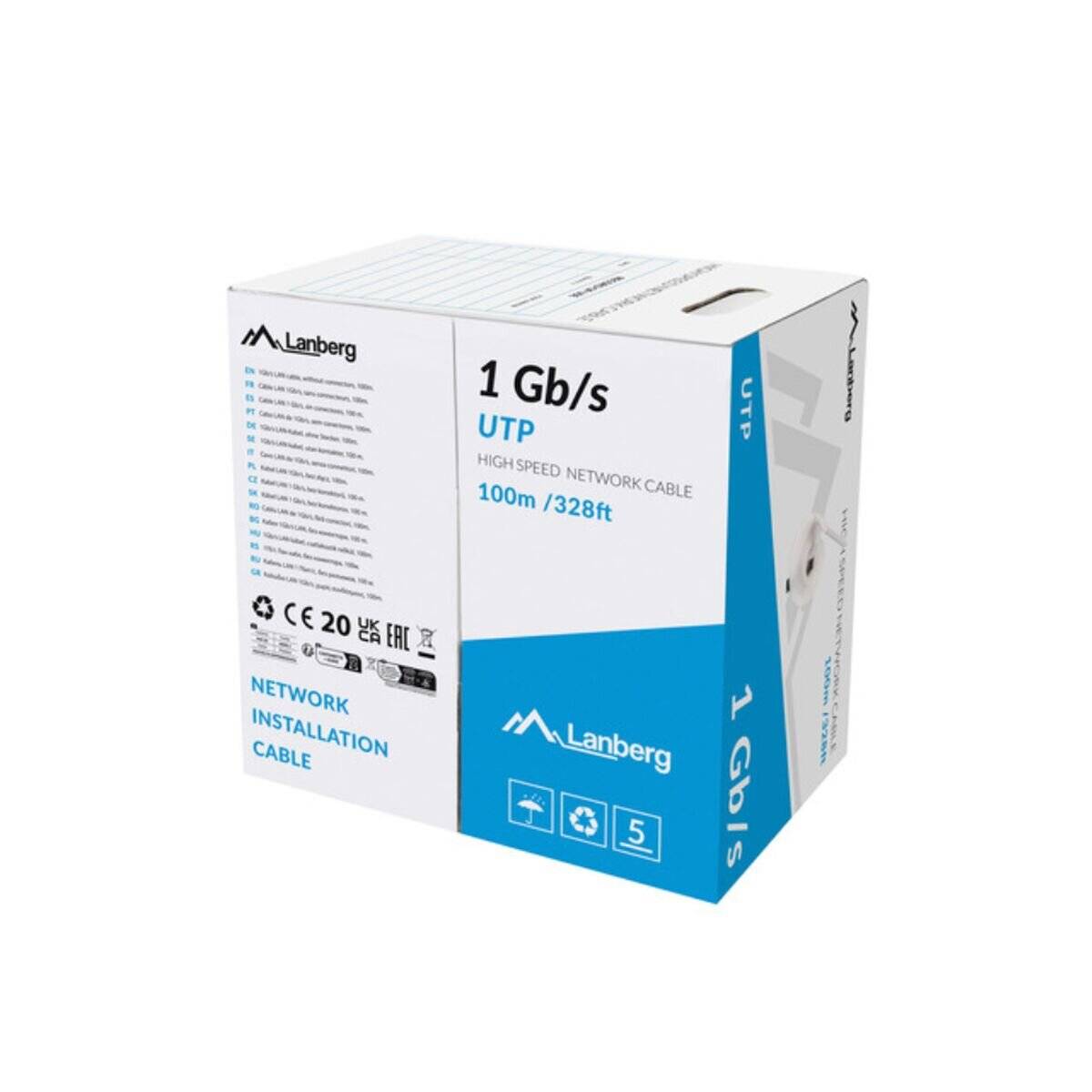 Die Abbildung zeigt eine weiße Verpackung eines Lanberg UTP-Netzwerkkabels, auf der '1 Gb/s, 100m/328ft' gekennzeichnet ist. Die Verpackung enthält außerdem Symbole für Recycling und Konformität.