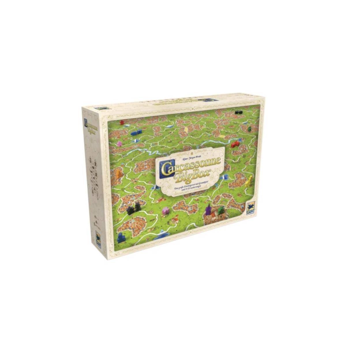Eine Carcassonne 'Big Box' Brettspiel-Ausgabe, die eine detaillierte Karte und Spielfiguren auf dem Cover zeigt und strategische Spielelemente andeutet.