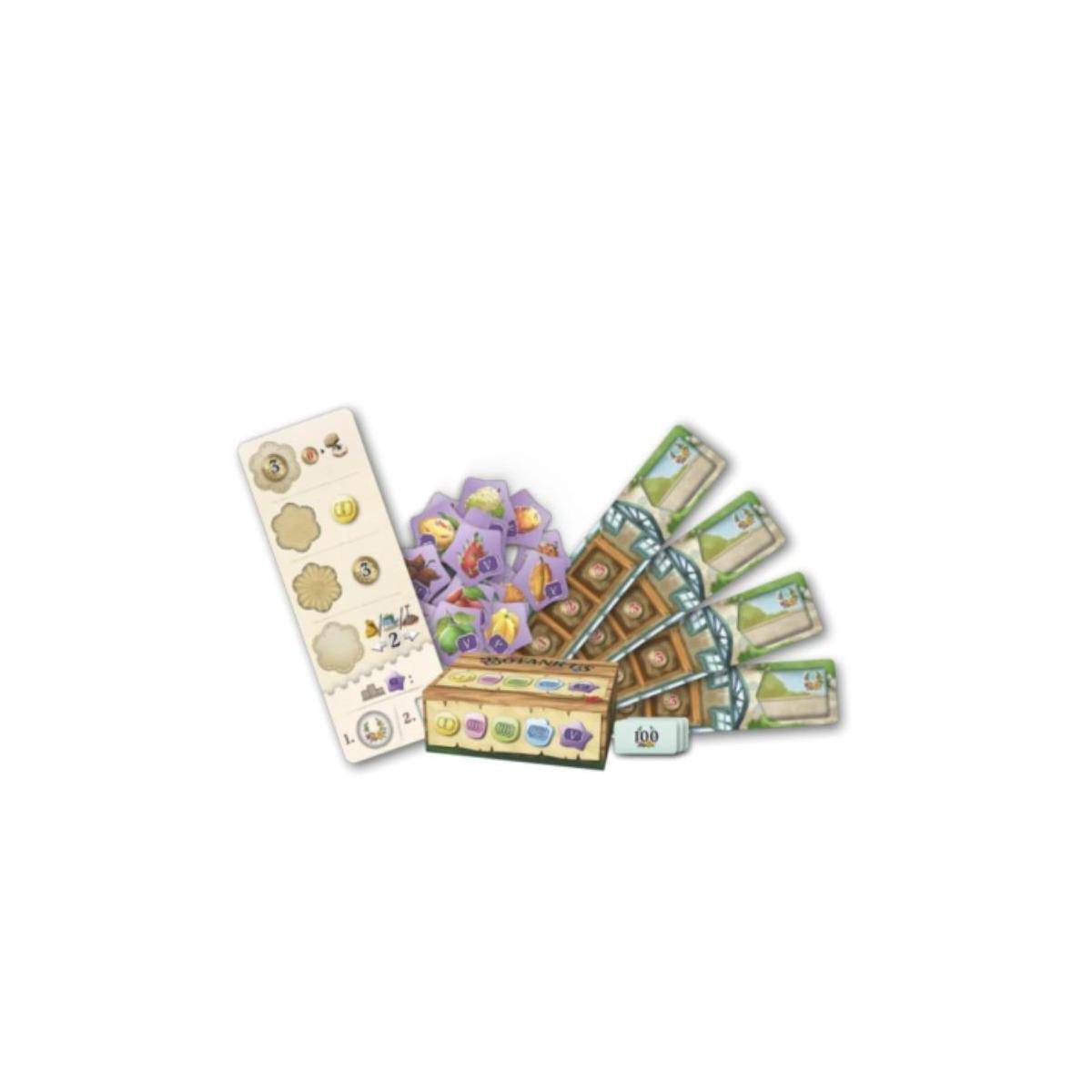 Spielkomponenten einschließlich Spielmarken, Karten und einem Spielerbrett. Verschiedene Währungen und Symbole zeigen Spielmechaniken und Motive an.