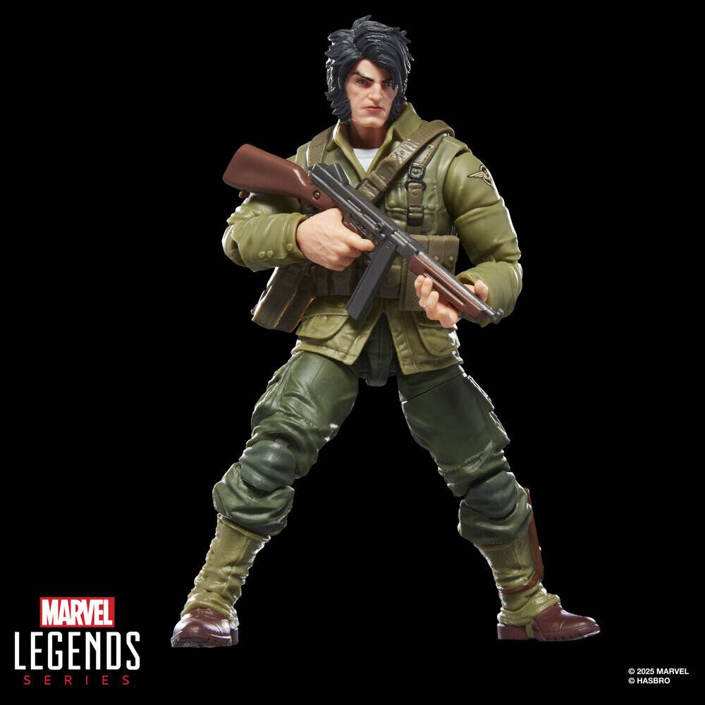 Marvel Legends Actionfigur eines dunkelharigen Mannes in grüner Militärausrüstung, der ein Gewehr hält, vor schwarzem Hintergrund posiert.