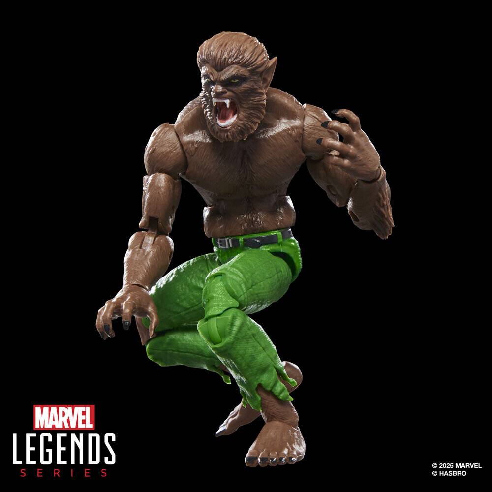 Marvel Legends Serie Actionfigur eines knurrenden Werewolf by Night, in Sprungpose auf schwarzem Hintergrund mit dem Marvel-Logo.