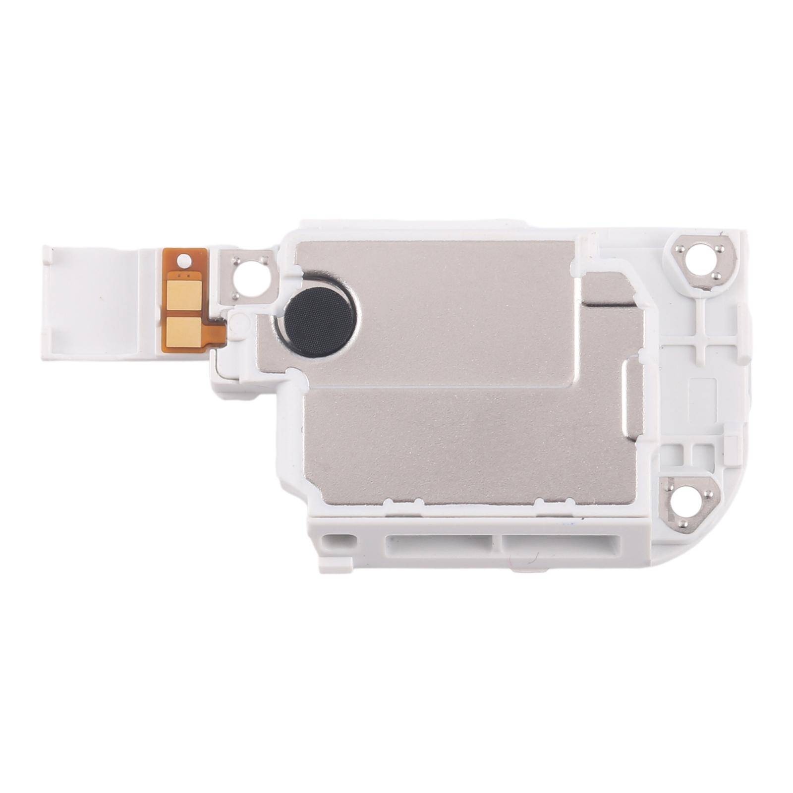 Eine kleine elektronische Komponente mit einem weißen Plastikgehäuse, die ein schwarzes rundes Stück und einen metallischen Abschnitt aufweist, möglicherweise ein Teil eines Lautsprechers.