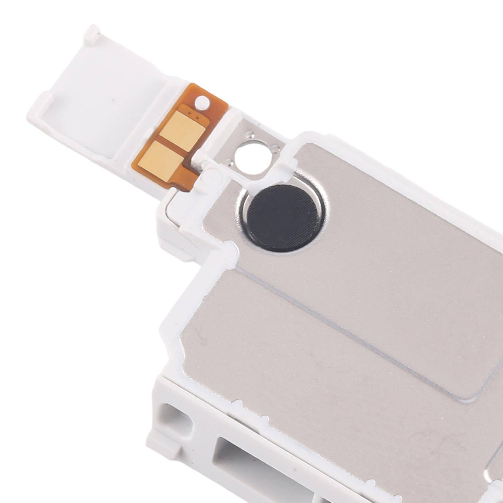 Nahaufnahme einer elektronischen Gerätekomponente mit einem schwarzen kreisförmigen Sensor und goldenen Anschlüssen auf einem weißen Kunststoffgehäuse.