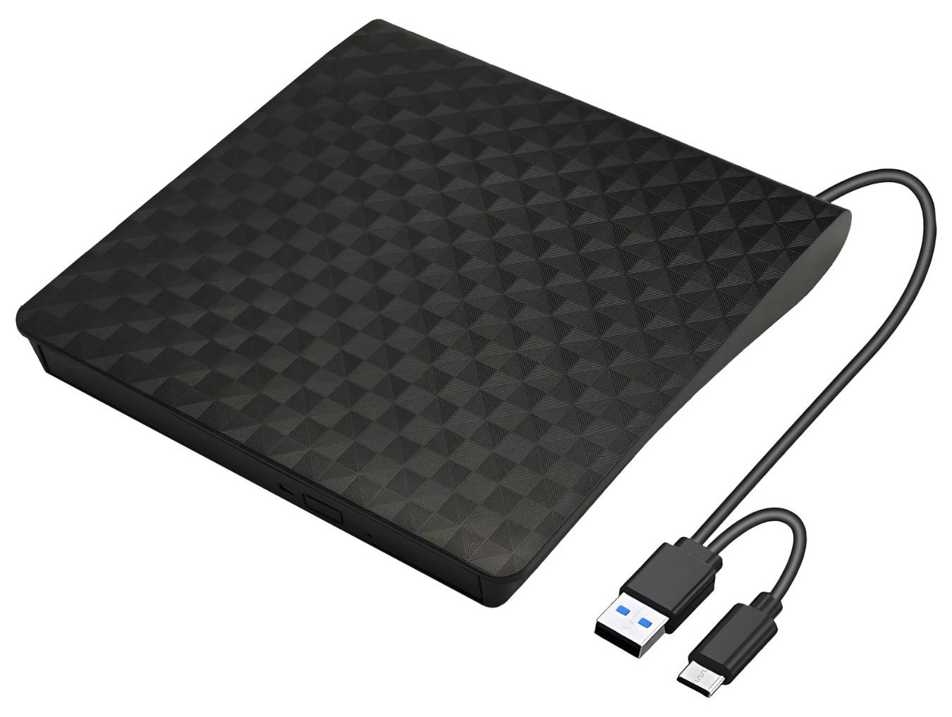 Externe Festplatte mit strukturierter schwarzer Oberfläche, gezeigt mit abnehmbaren USB- und USB-C-Kabeln.