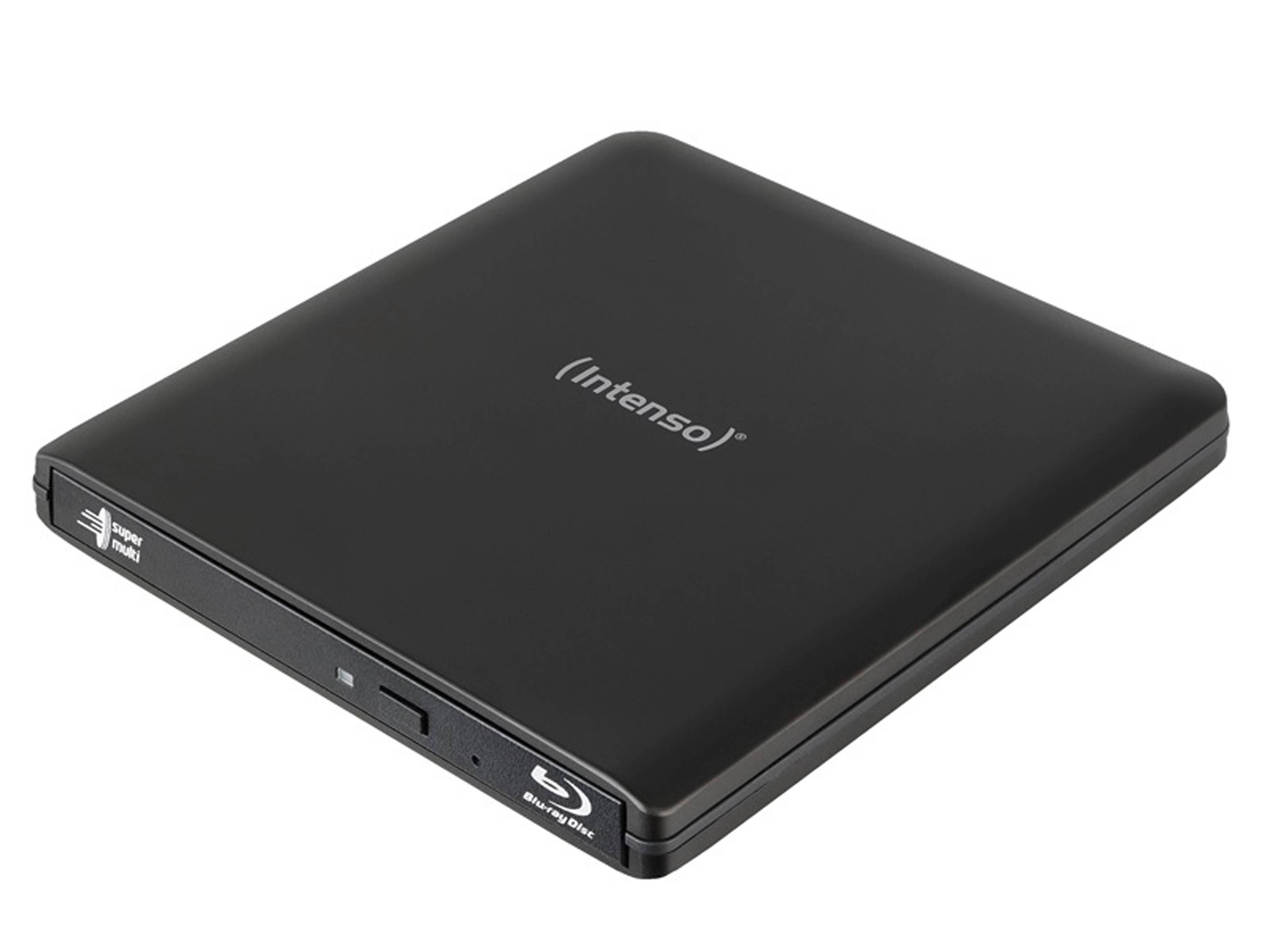 Externes schwarzes Blu-ray-Laufwerk mit minimalistischem Design, von oben abgebildet, wobei der Markenname 'Intenso' auf seiner Oberfläche zu sehen ist.